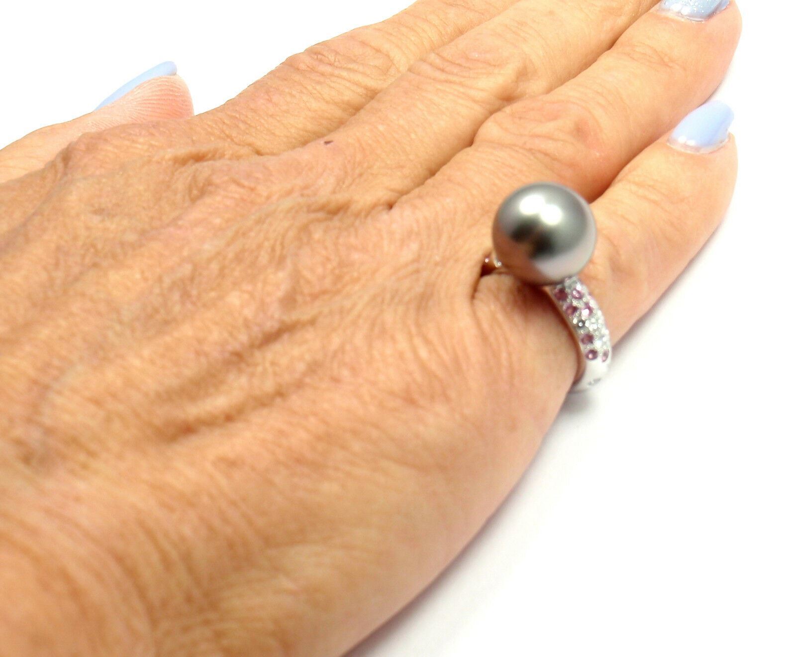Authentic! Cartier 18k White Gold Tahitian Pearl Diamond Pink Sapphire Ring | Fortrove