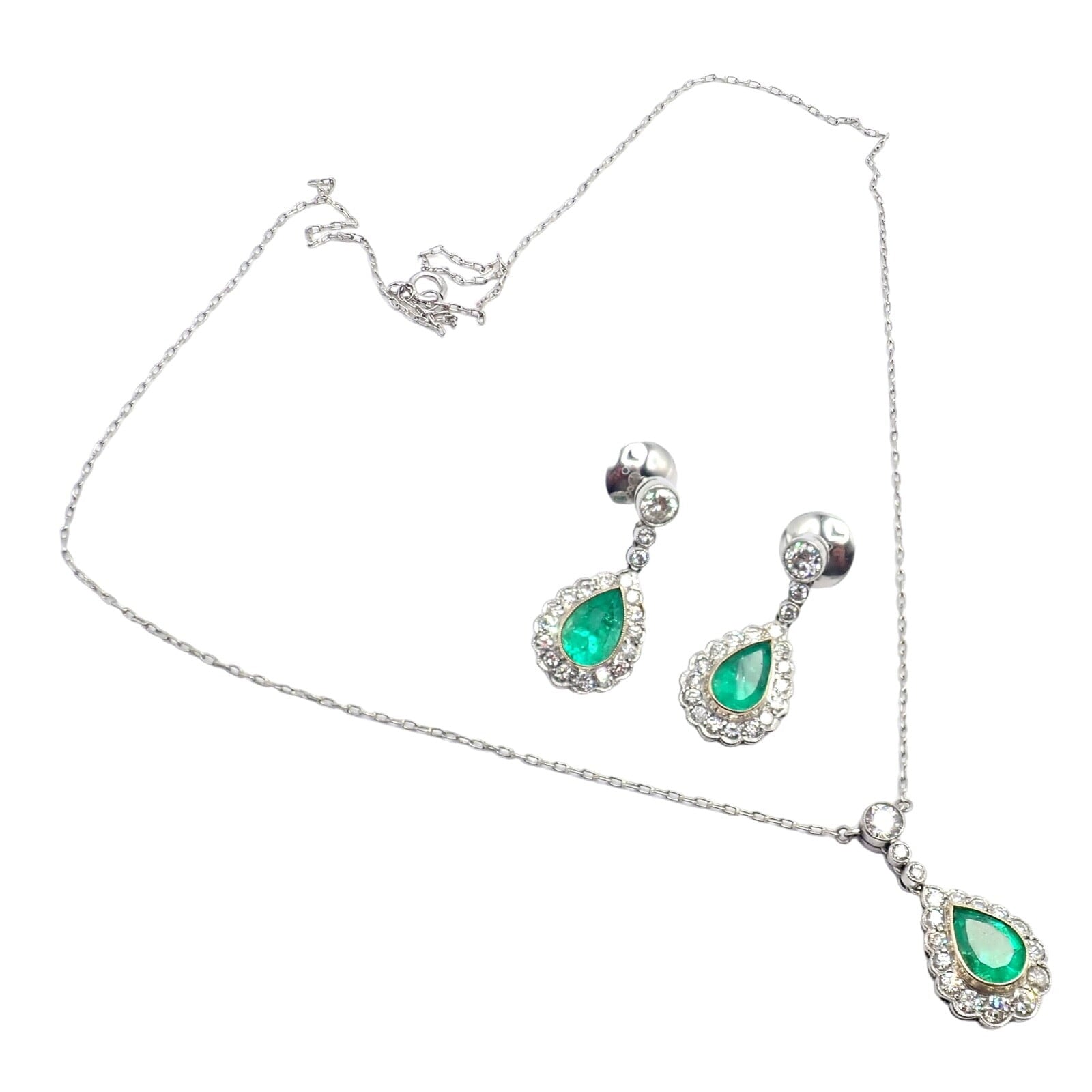 Estate Jewelry & Watches:Fine Jewelry:Jewelry Sets Vintage Estate Platinum Diamond Emerald Earrings Necklace Set