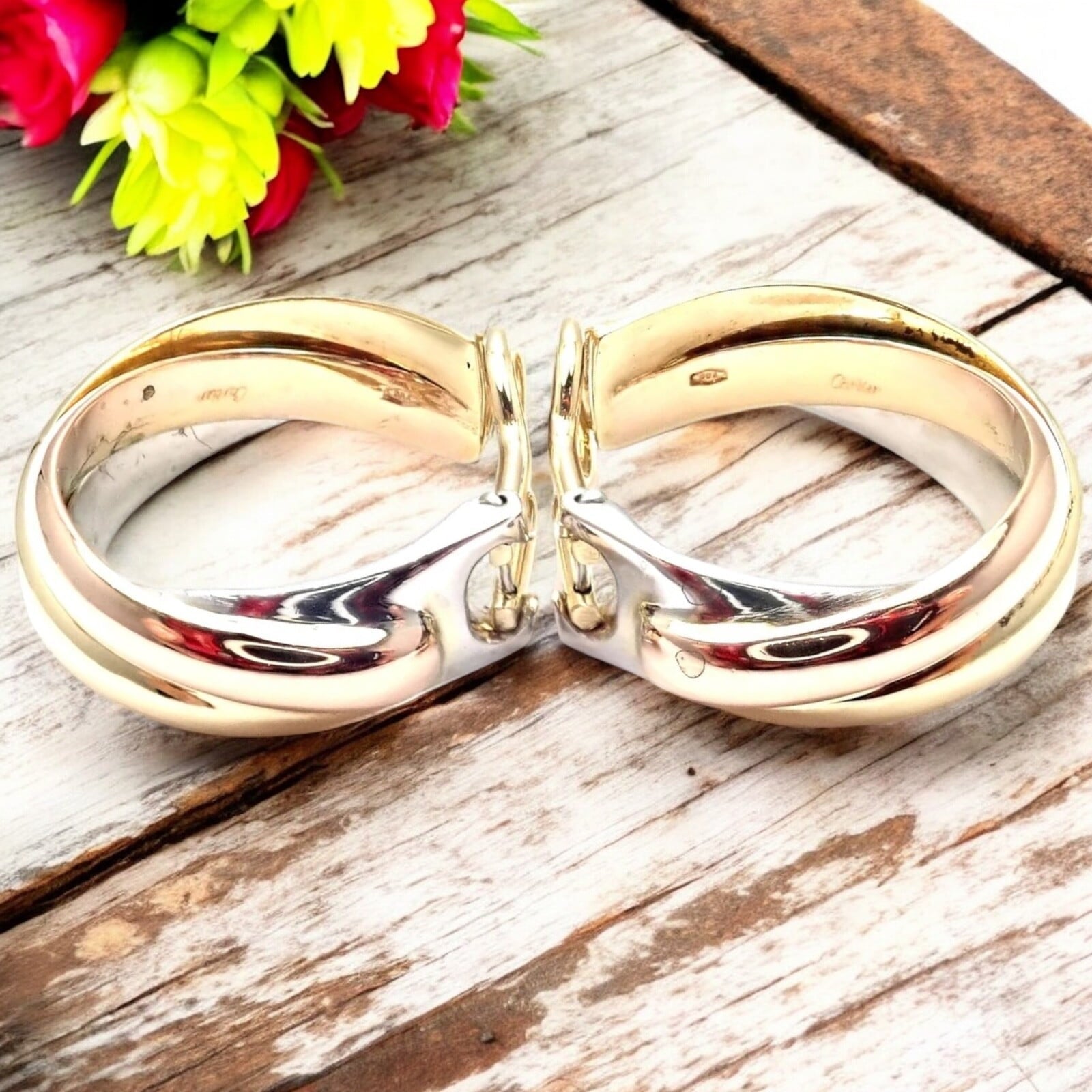 Cartier Jewelry & Watches:Fine Jewelry:Earrings Authentic! Cartier 18k Tri-Color Gold Medium Size Trinity Hoop Earrings