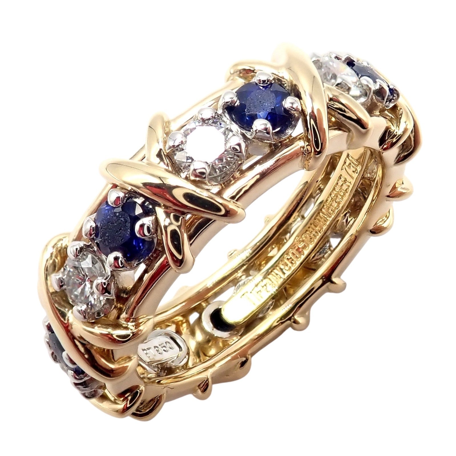 Tiffany & Co Schlumberger 18k Gold Platinum 16 Stone Diamond Sapphire Band Ring | Fortrove