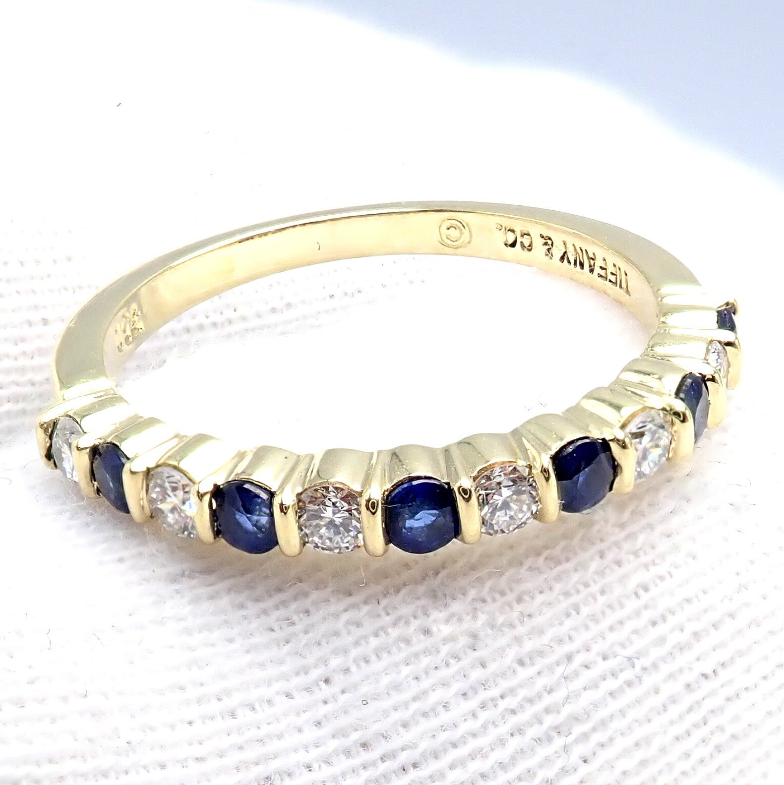 Vintage! Authentic Tiffany & Co 18k Yellow Gold Diamond Sapphire Band Ring sz 7 | Fortrove