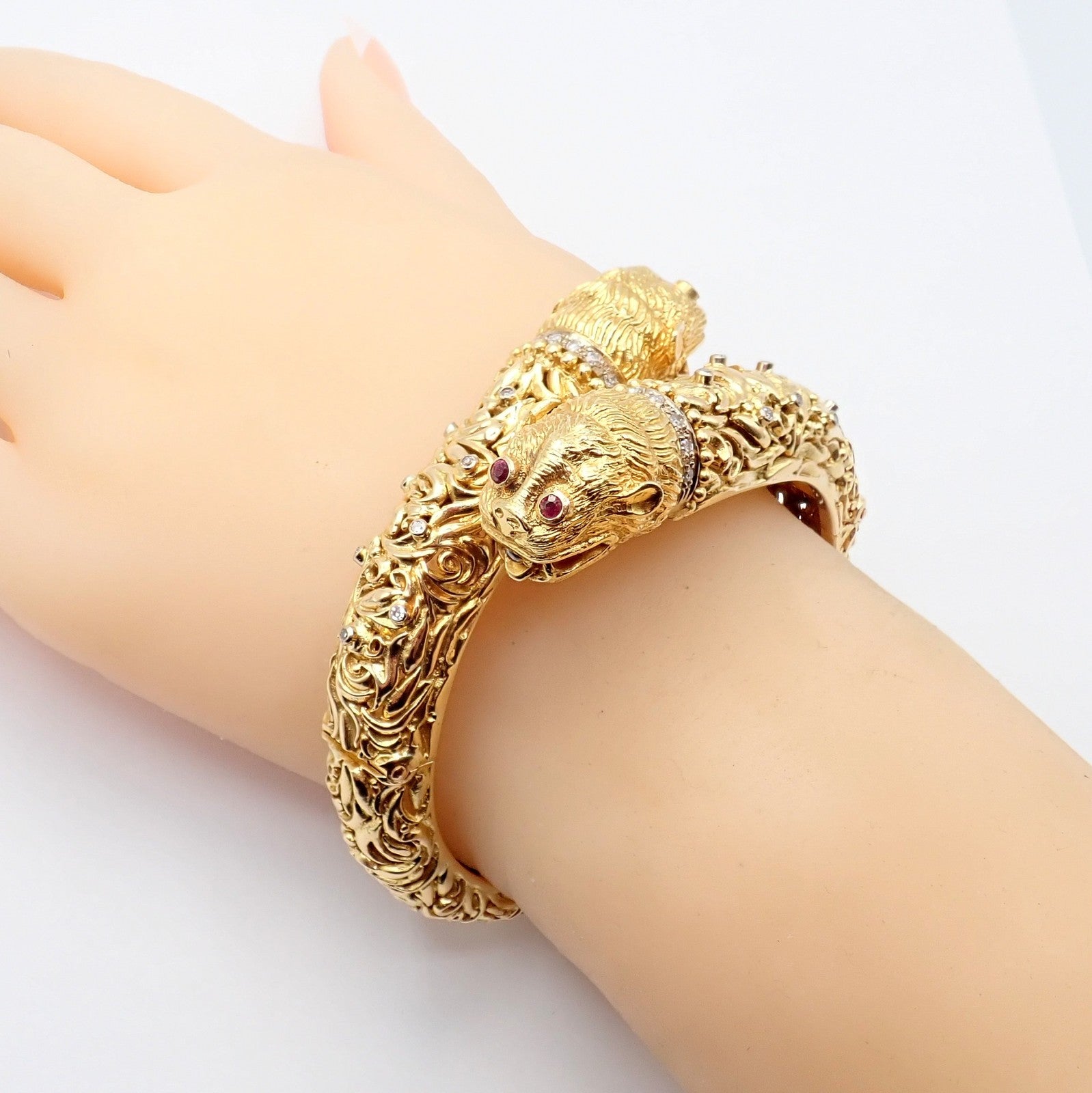 Rare Ilias Lalaounis 18k Yellow Gold Double Chimera Diamond Ruby Bangle Bracelet | Fortrove