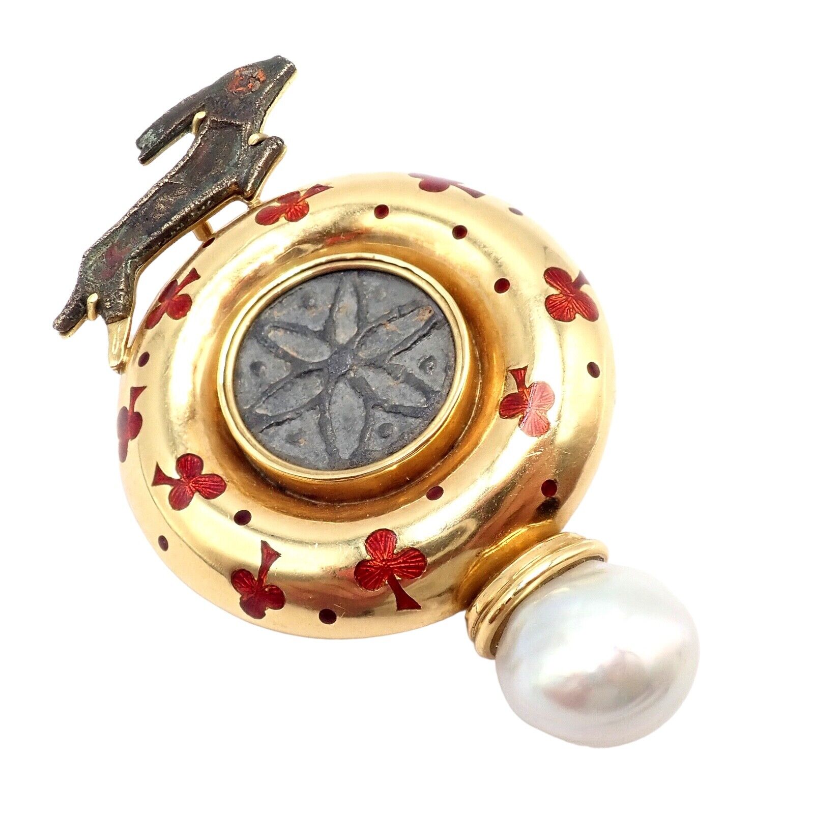 Vintage Elizabeth Gage 18k Yellow Gold Pearl Ancient Coin Enamel Hare Pin Brooch | Fortrove
