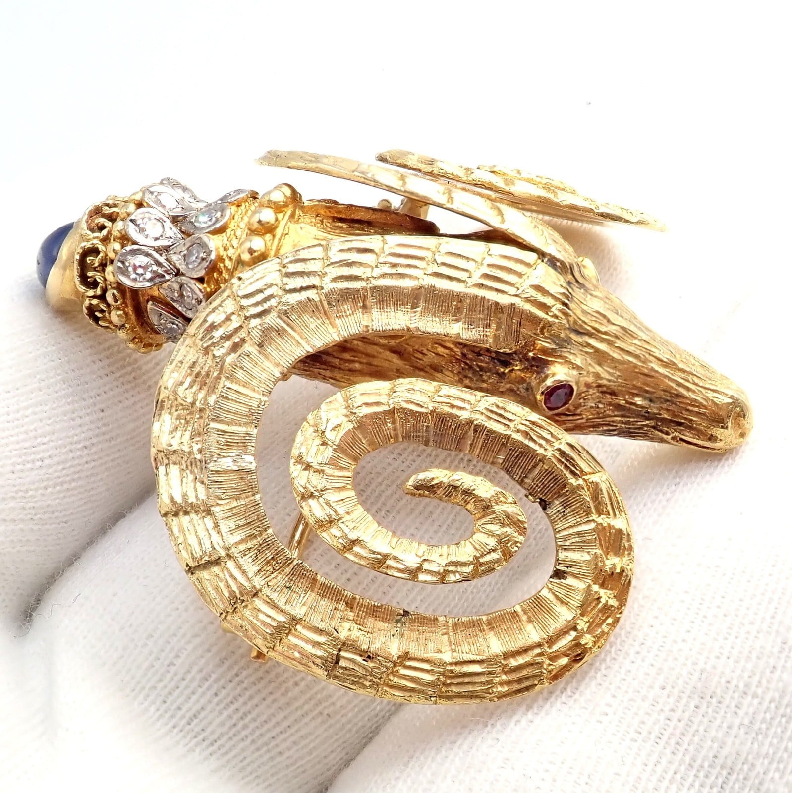 Ilias Lalalounis Jewelry & Watches:Fine Jewelry:Brooches & Pins Rare Ilias Lalaounis 18k Yellow Gold Ram Ares Diamond Ruby Sapphire Large Brooch