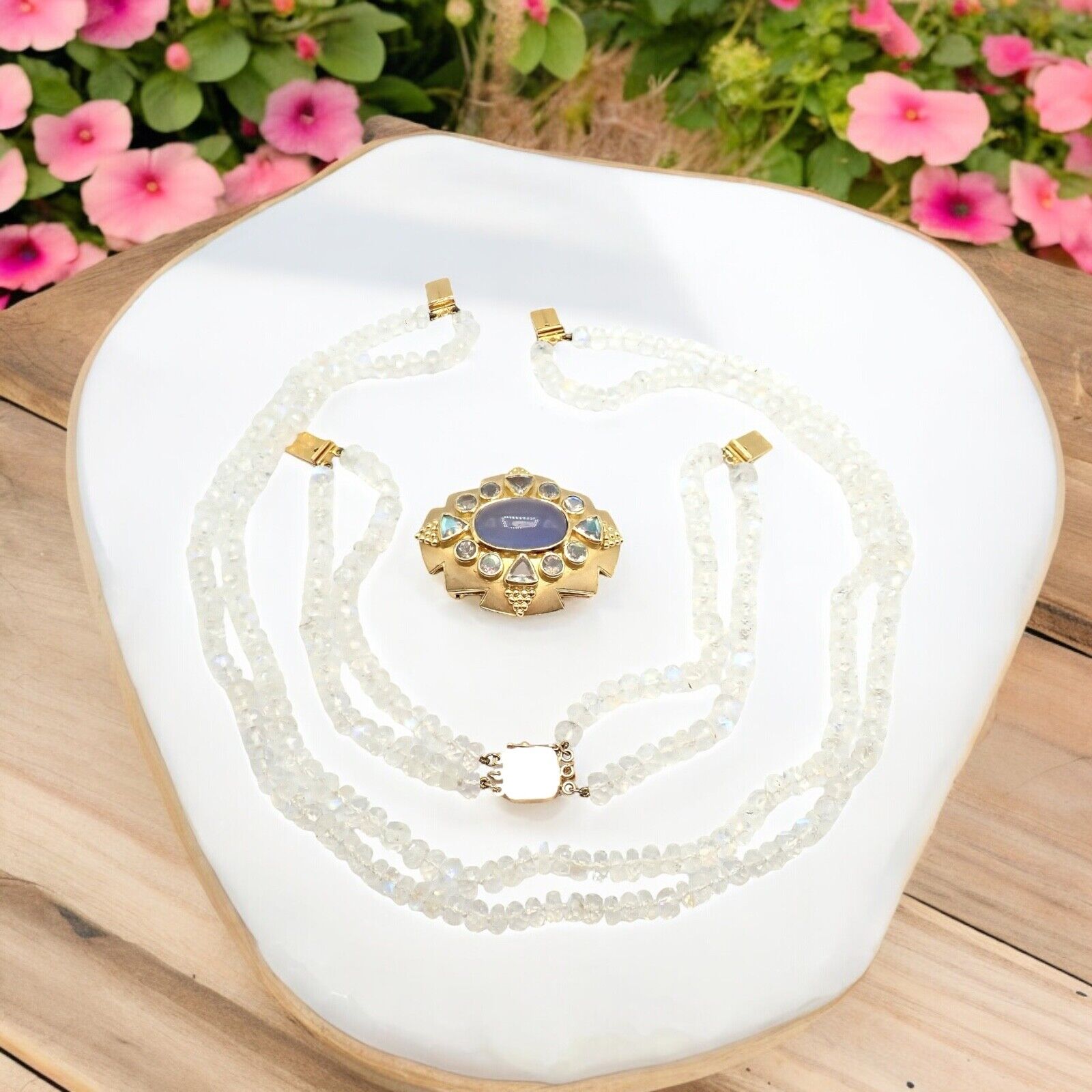 Paula Crevoshay 18k Gold Set Moonstone Chalcedony Brooch Bracelet Necklace OOAK | Fortrove