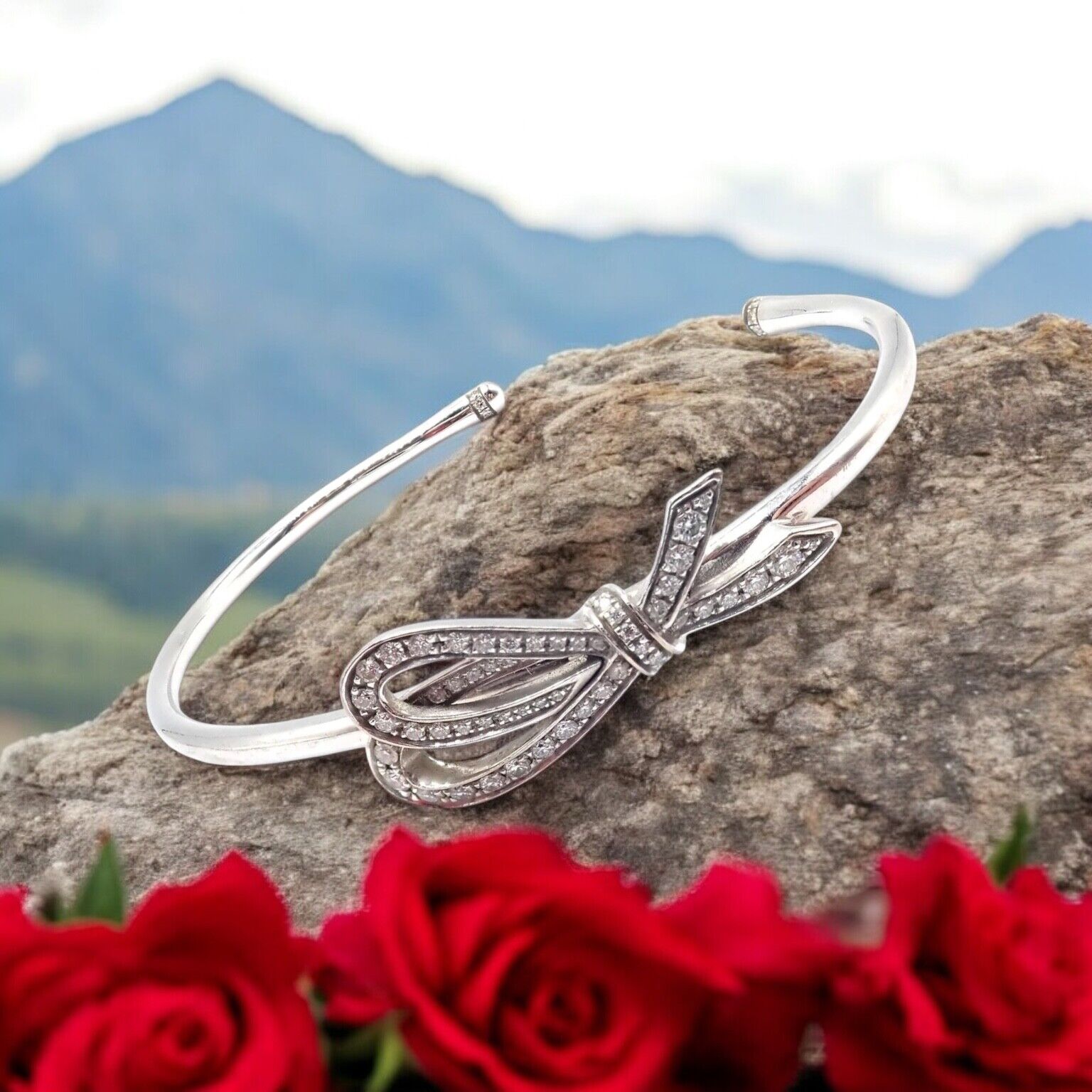 Authentic! Tiffany & Co 18k White Gold Diamond Bow Ribbon Bangle Cuff Bracelet | Fortrove