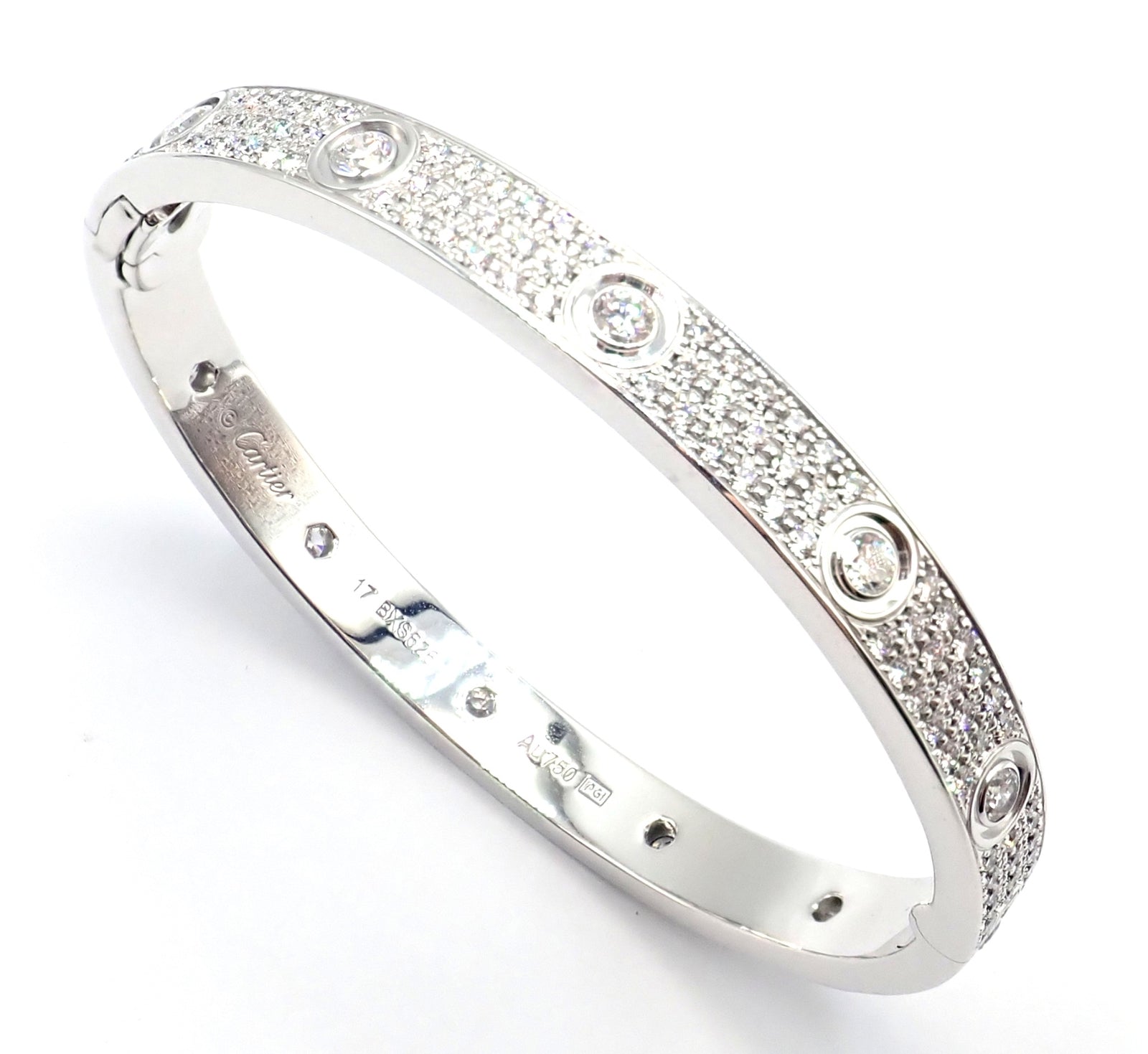 Authentic! Cartier Love 18k White Gold Diamond Pave Bangle Bracelet Sz 17 Paper | Fortrove
