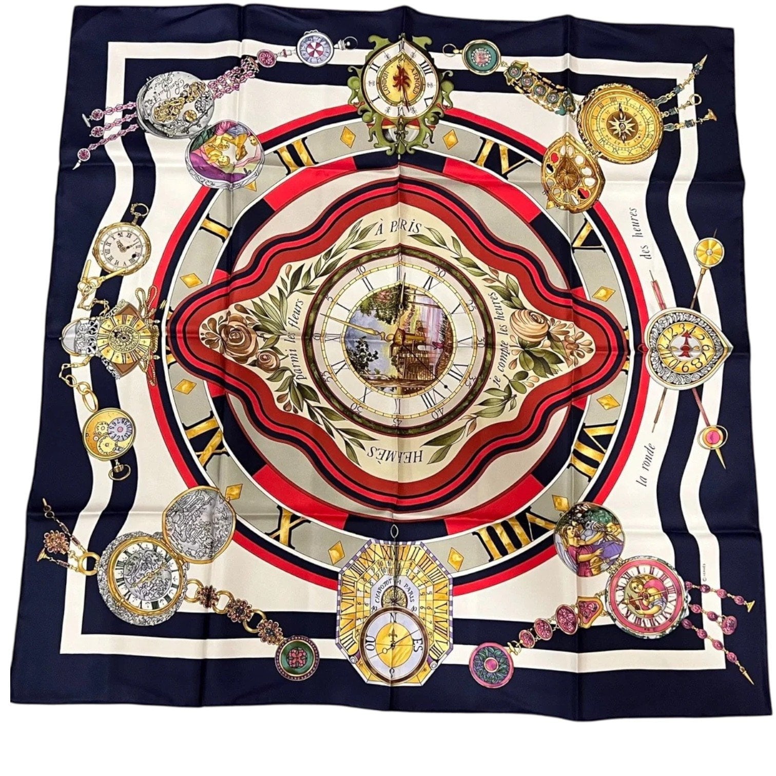 Hermes Clothing, Shoes & Accessories:Women:Women's Accessories:Scarves & Wraps Authentic Hermes Carre 90cm Parmi les Fleurs Je Compte les Heures Silk Scarf