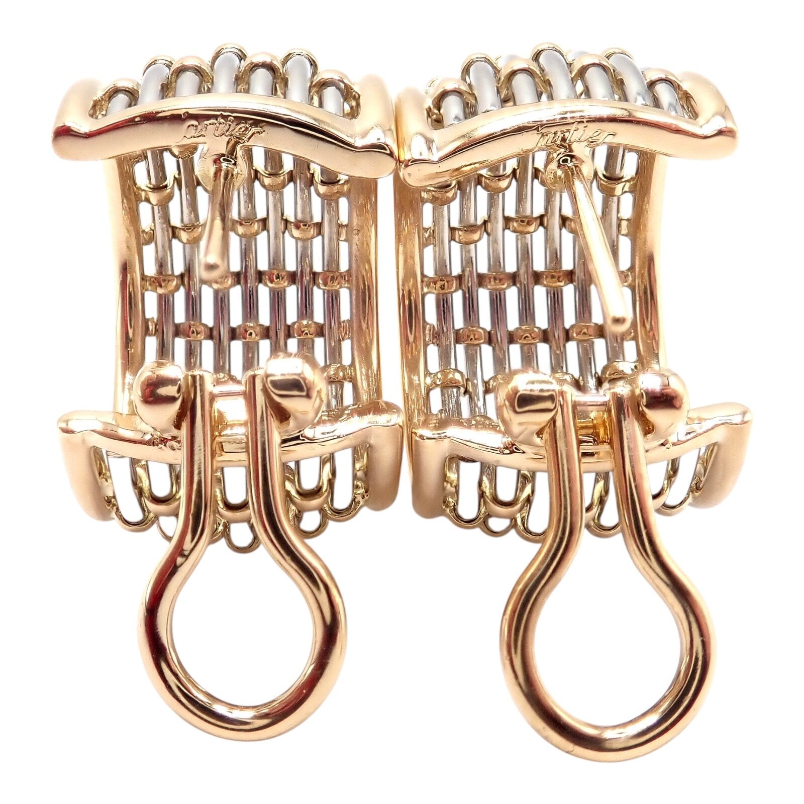 Authentic! Cartier 18k Yellow Gold + SS Basket Weave Ring + Earrings Set | Fortrove