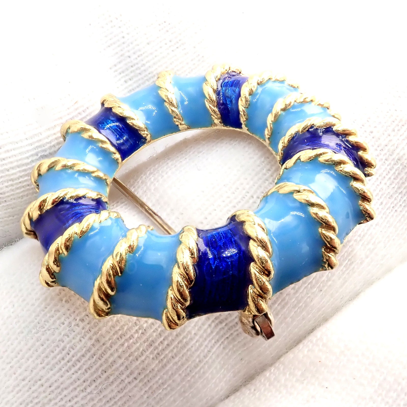 Rare! Vintage Tiffany & Co 18k Yellow Gold Blue Enamel Circle Rope Brooch Pin | Fortrove