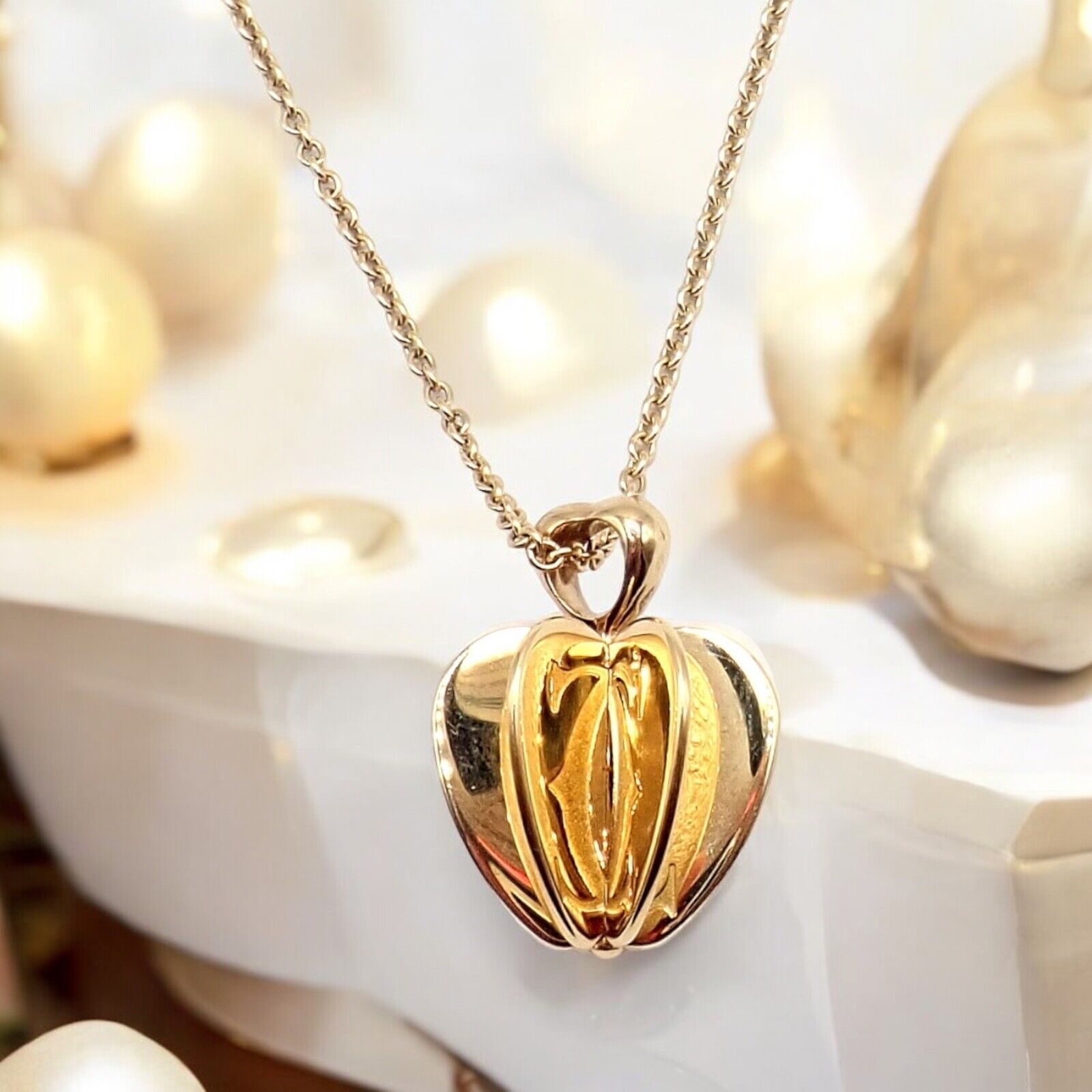 Rare! Cartier 18k Yellow Gold Double C 3D Apple Pendant Chain Necklace | Fortrove