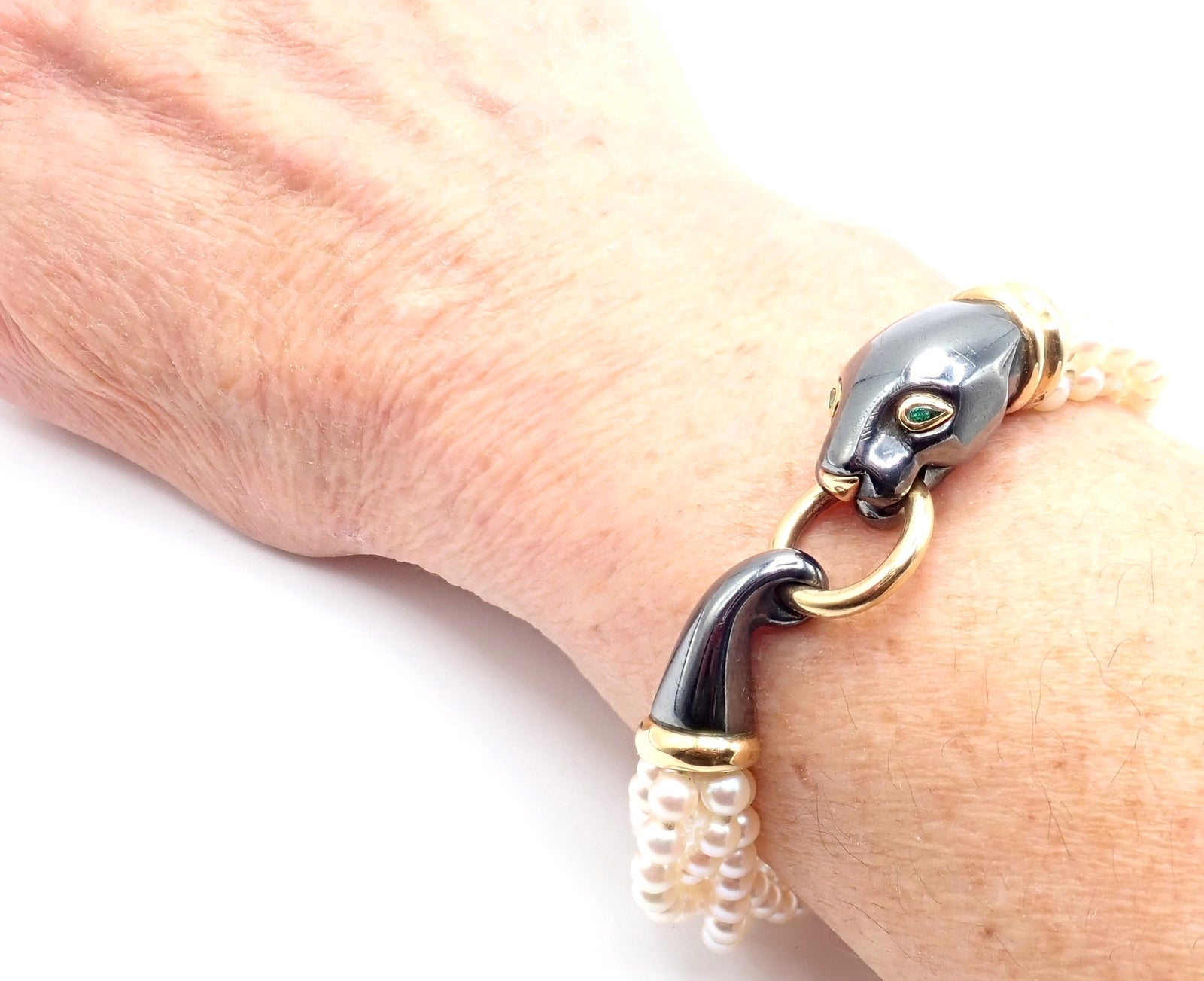 Panthere de Cartier Panther 18k Yellow Gold & Silverium Pearl Emerald Bracelet | Fortrove
