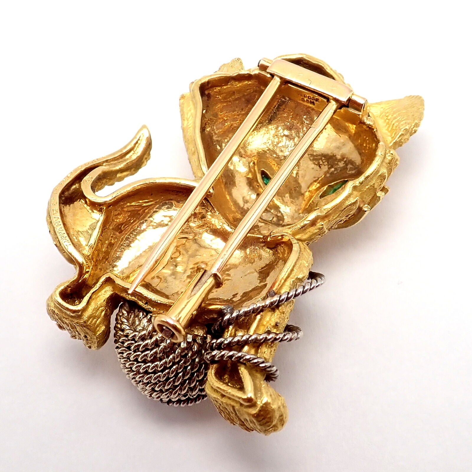 Vintage! Tiffany & Co. France 20k Yellow Gold Ruby Emerald Cat Yarn Pin Brooch | Fortrove