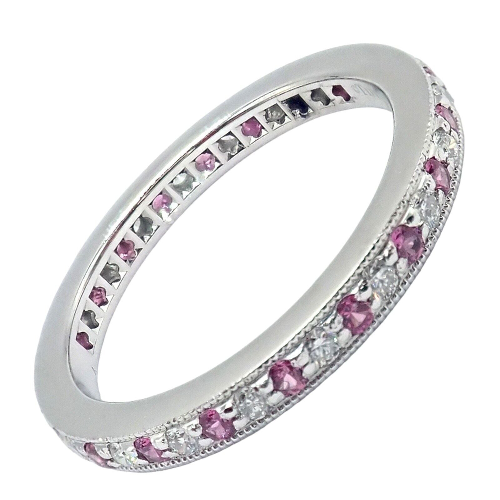 Tiffany & Co Platinum Diamond Pink Sapphire Milgrain 2.5mm Band Ring sz 5.75 | Fortrove
