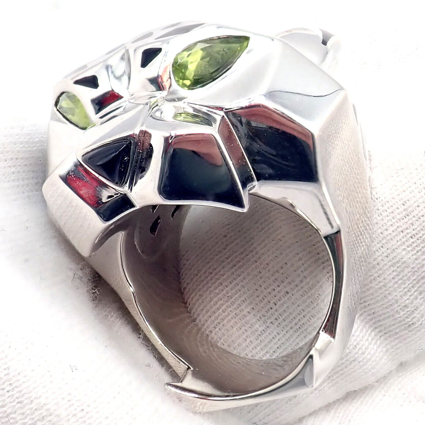 Cartier Panther Panthere 18k White Gold Peridot Onyx Lacquer Large Ring Cert | Fortrove