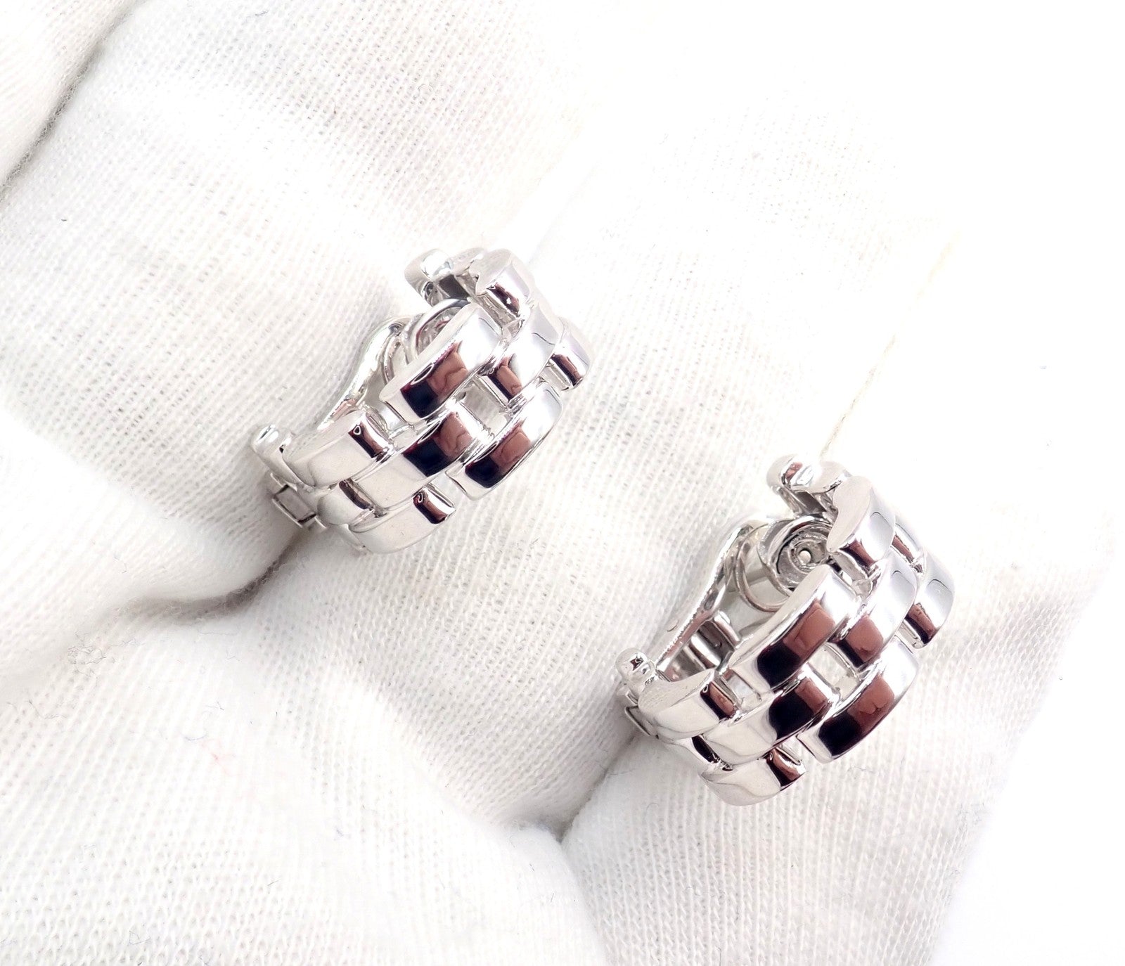 Authentic! Cartier Maillon Panthere 18K White Gold Three Row Link Hoop Earrings | Fortrove