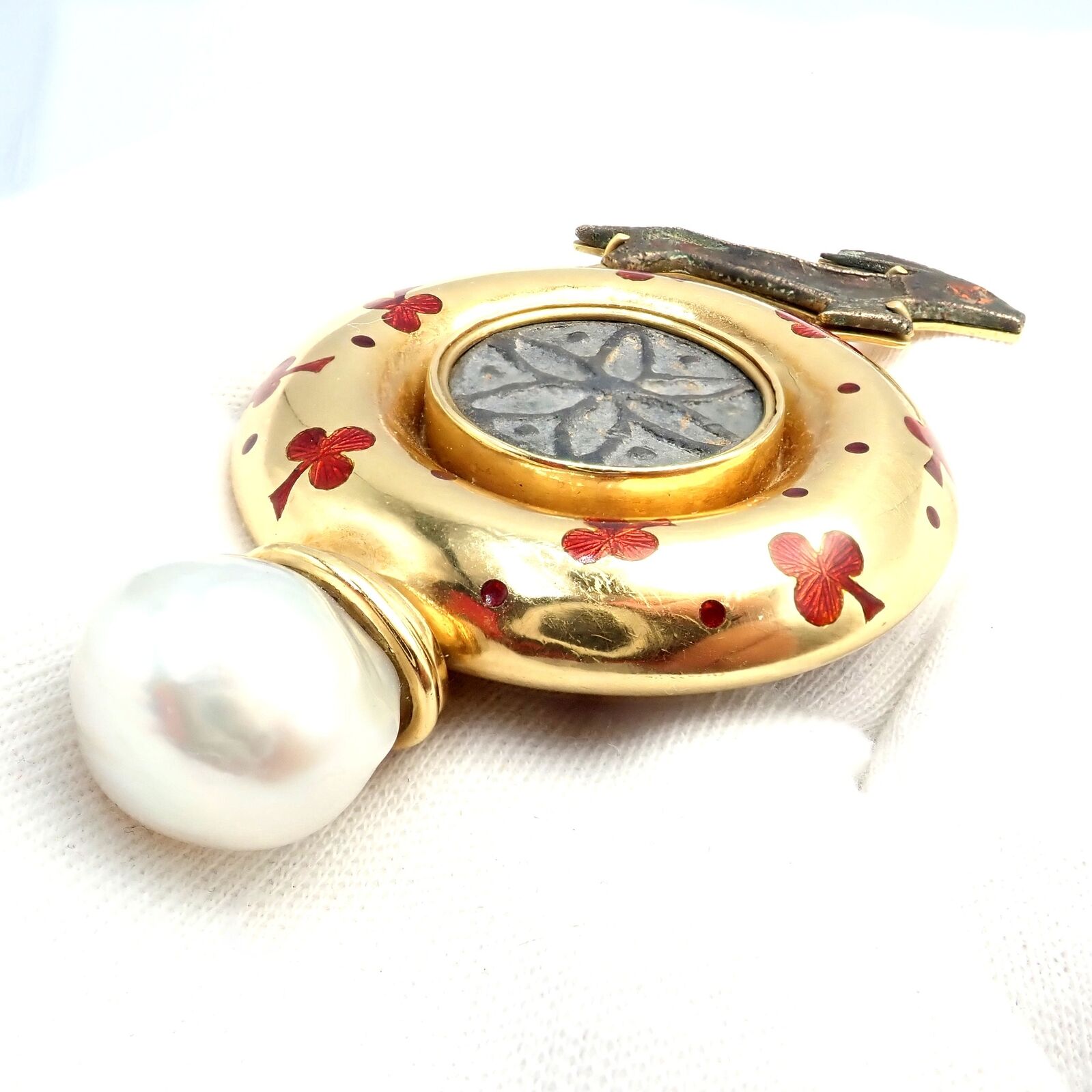 Vintage Elizabeth Gage 18k Yellow Gold Pearl Ancient Coin Enamel Hare Pin Brooch | Fortrove