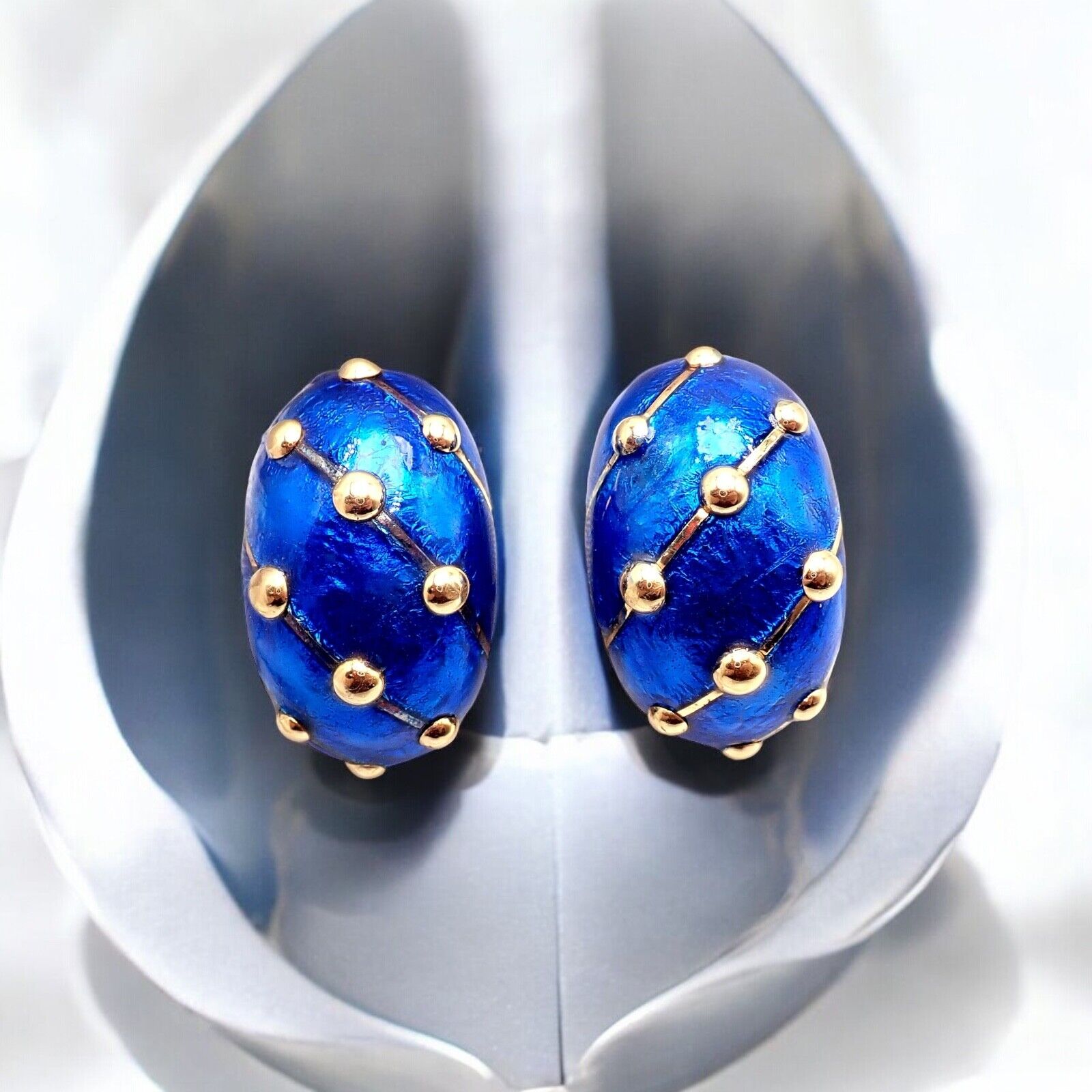 Rare Tiffany & Co Schlumberger 18k Yellow Gold Large Blue Enamel Banana Earrings | Fortrove