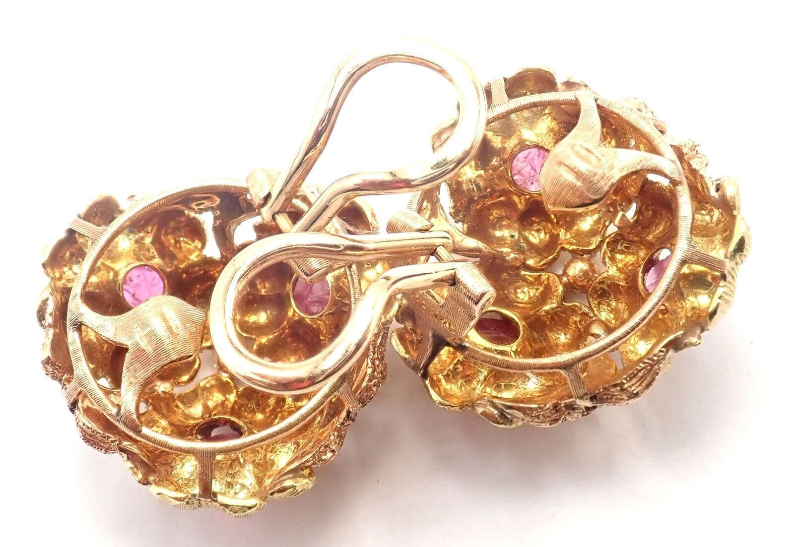 Authentic! Vintage Buccellati 18k Yellow Gold Carved Ruby Flower Earrings | Fortrove