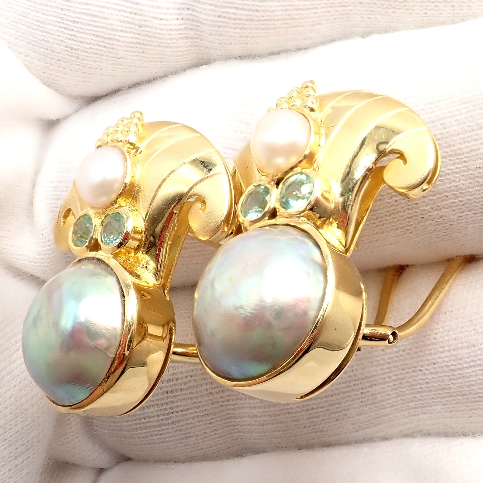 Paula Crevoshay Jewelry & Watches:Fine Jewelry:Earrings Rare! Vintage Paula Crevoshay 18k Gold Abalone Pearl Blue Gemstone Earrings OOAK
