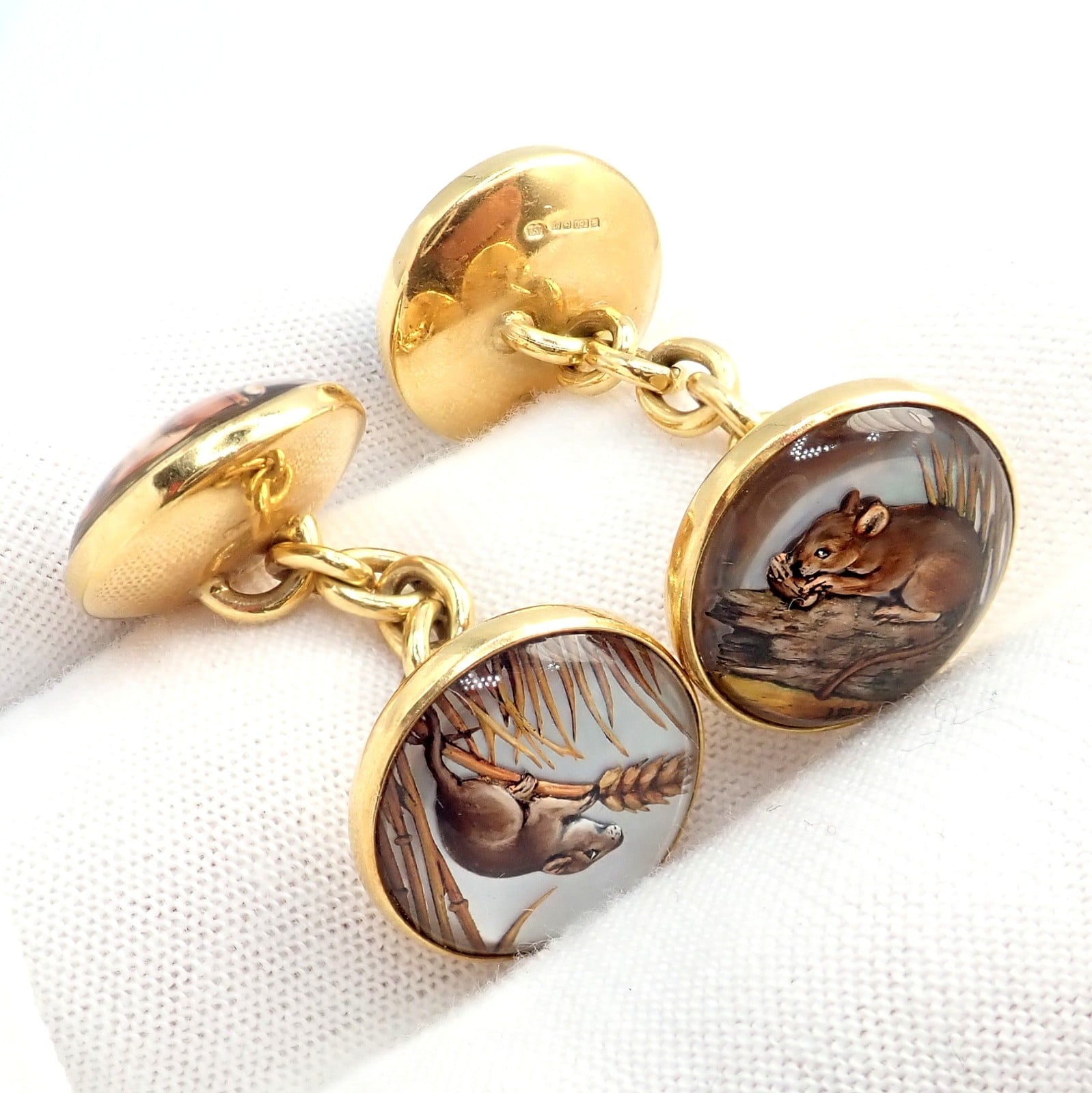 Vintage! Tiffany 18k Yellow Gold Essex Reverse Intaglio Field Mice Cufflinks | Fortrove