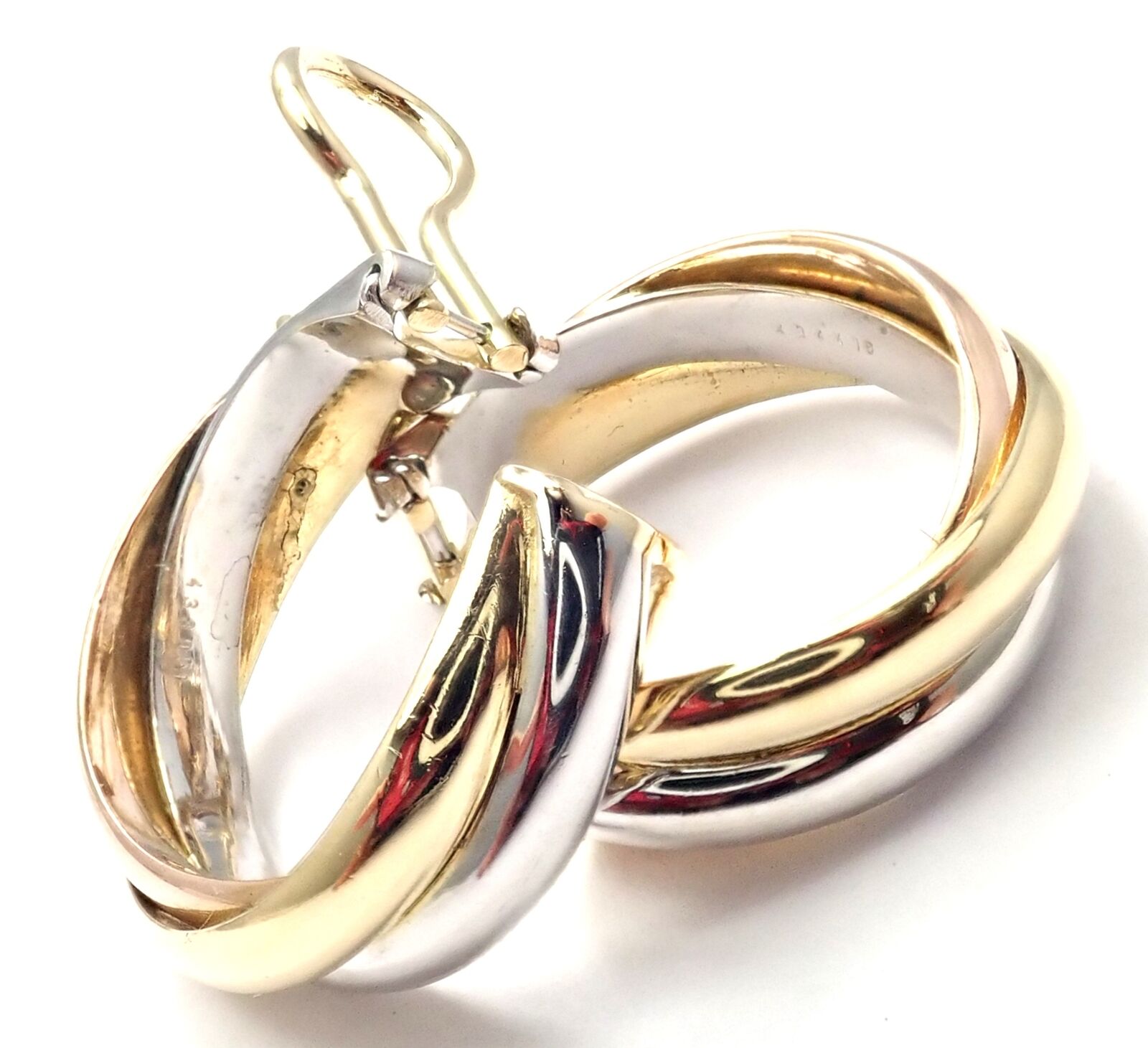 Authentic! Cartier 18k Tri-Color Gold Medium Size Trinity Hoop Earrings | Fortrove