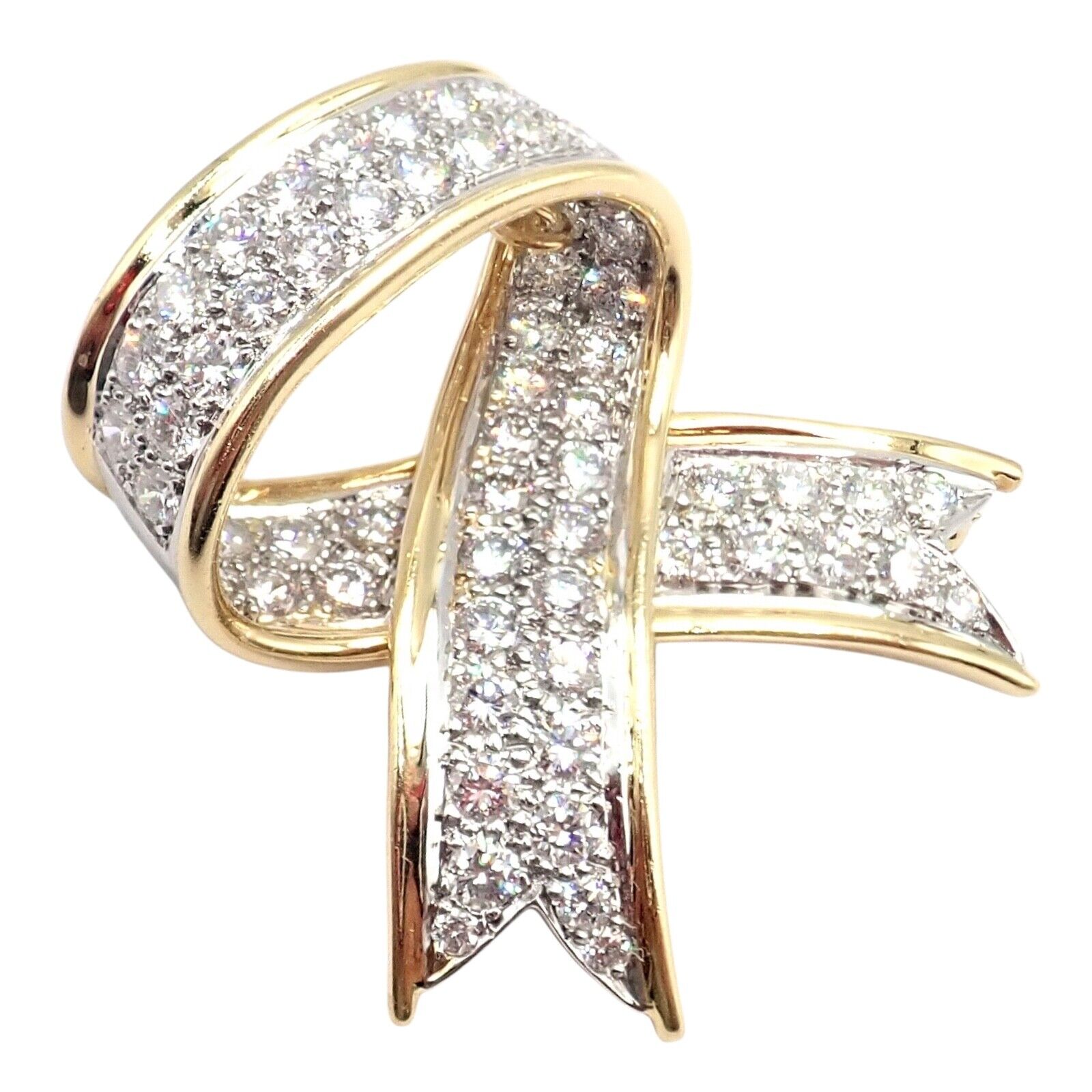 Vintage! Tiffany & Co 18k Yellow Gold Platinum Diamond Ribbon Bow Pin Brooch | Fortrove
