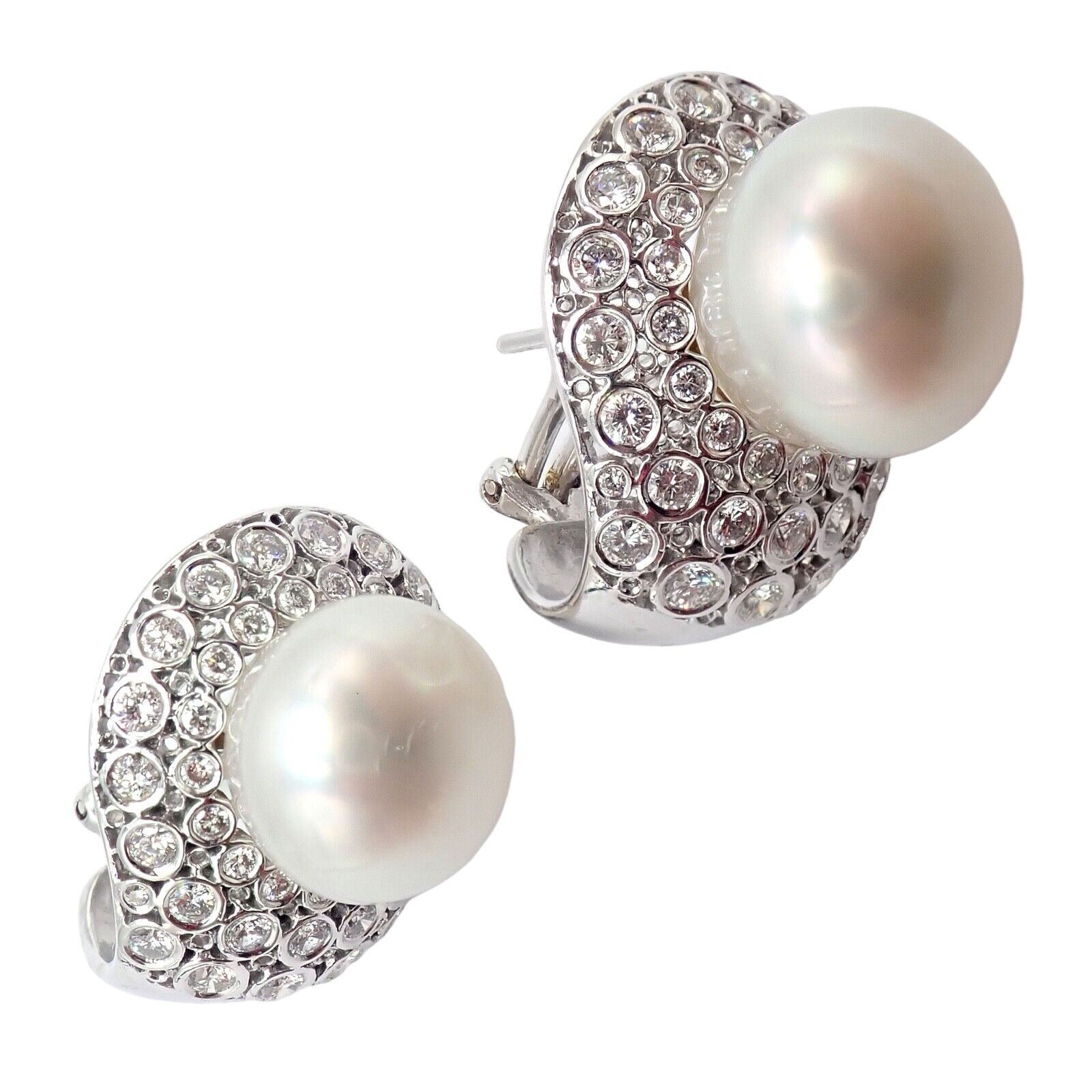 Vintage Estate 18k White Gold Diamond 13mm Pearl Earrings | Fortrove