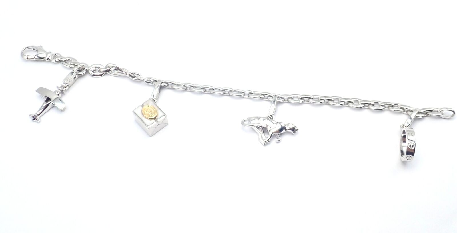 Authentic Cartier 18k White Gold 4 Charm Panther Airplane Love Box Link Bracelet | Fortrove