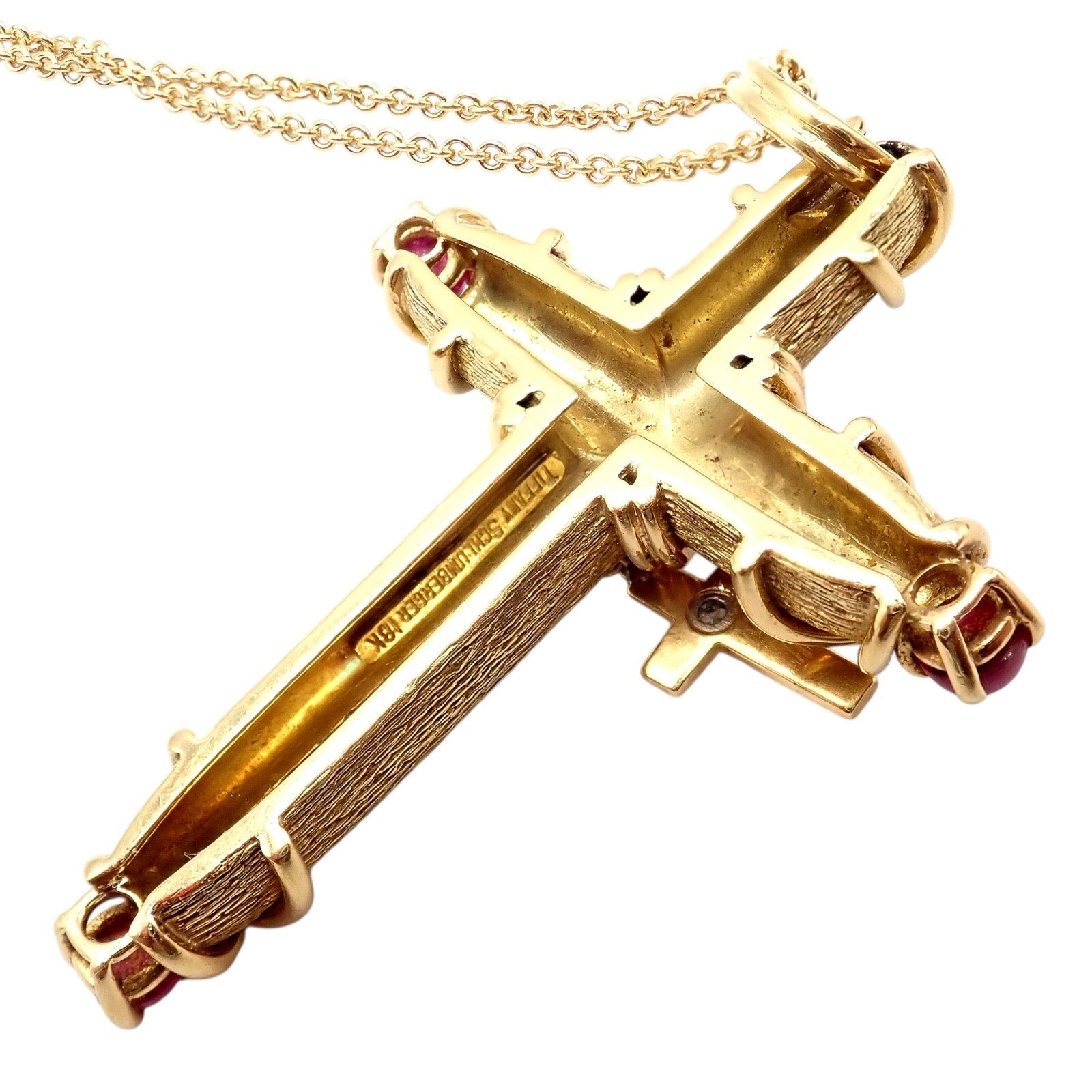 Tiffany & Co Schlumberger 18k Yellow Gold Ruby Diamond Cross 24" Chain Necklace | Fortrove
