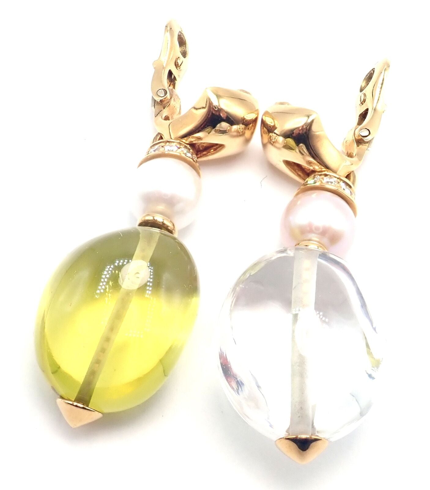 Authentic! Bulgari Bvlgari 18k Gold Diamond Pearl Peridot Crystal Drop Earrings | Fortrove