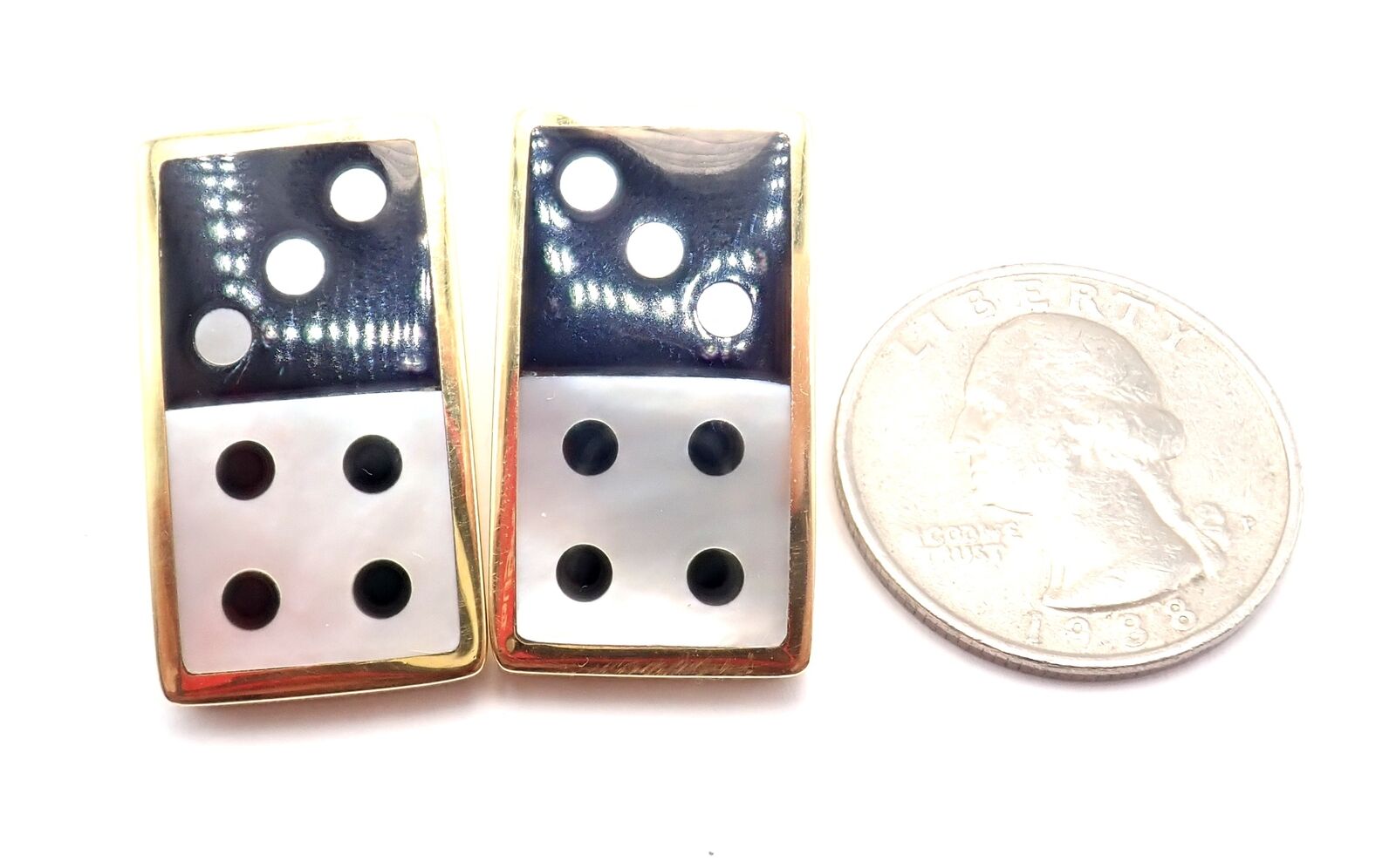 Tiffany & Co Cummings 18k Yellow Gold Inlaid Black Jade MOP Domino Earrings | Fortrove