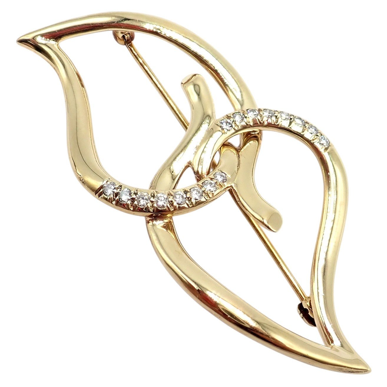 Authentic! Tiffany & Co 18k Yellow Gold Diamond Two Leaf Double Brooch Pin 1987 | Fortrove