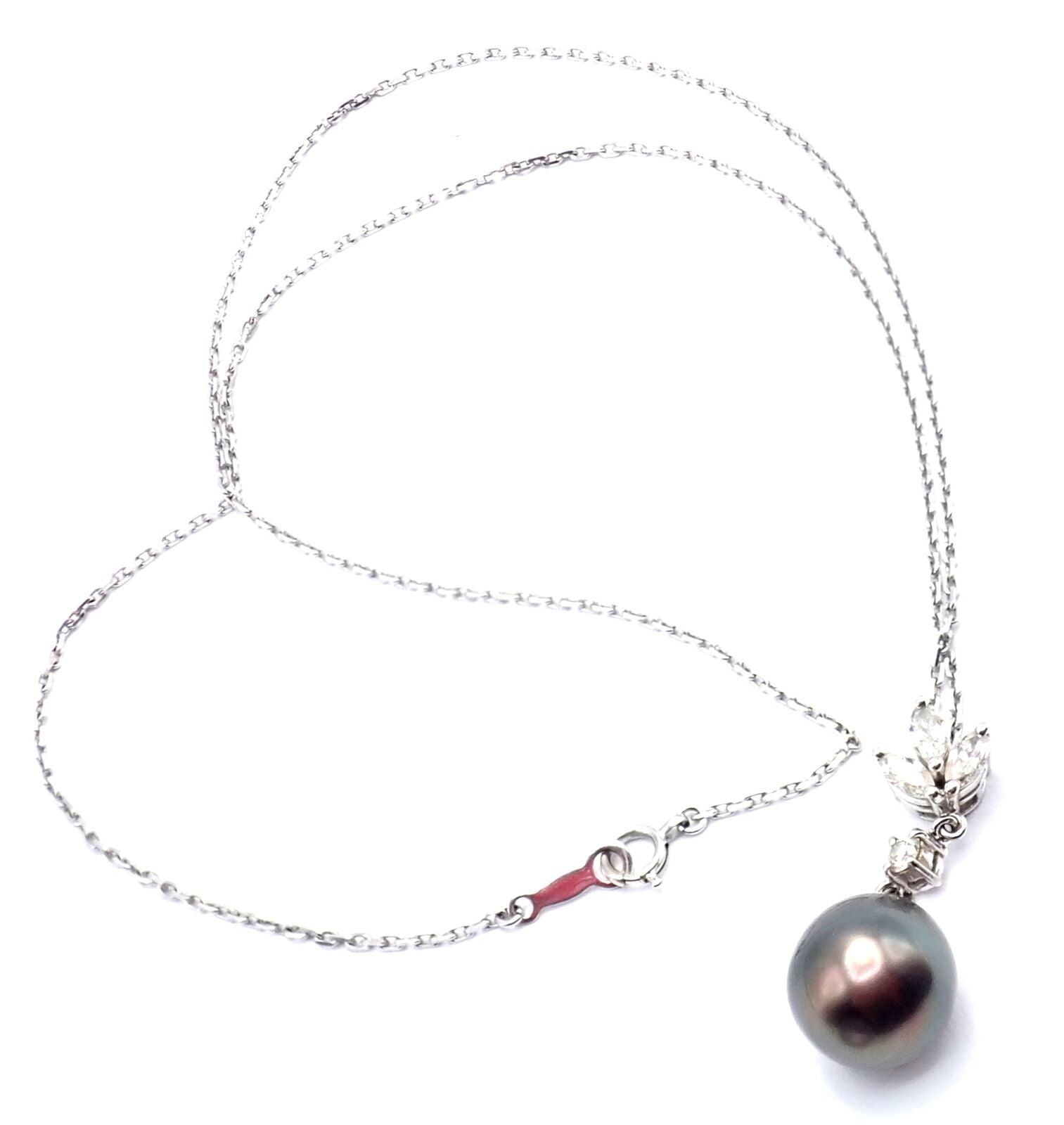 Authentic! Mikimoto 18k White Gold Tahitian Pearl Diamond Pendant Necklace | Fortrove
