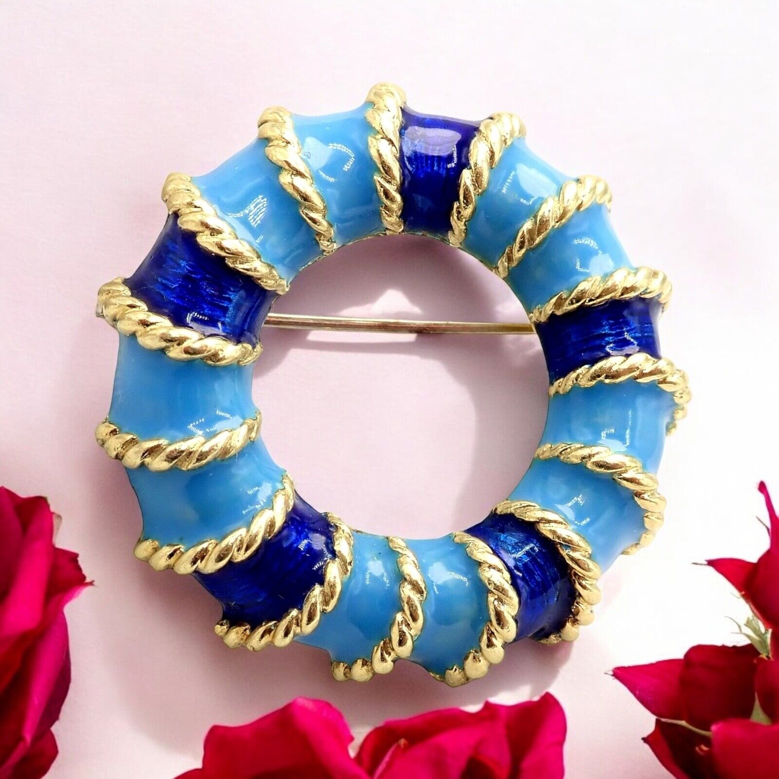 Rare! Vintage Tiffany & Co 18k Yellow Gold Blue Enamel Circle Rope Brooch Pin | Fortrove