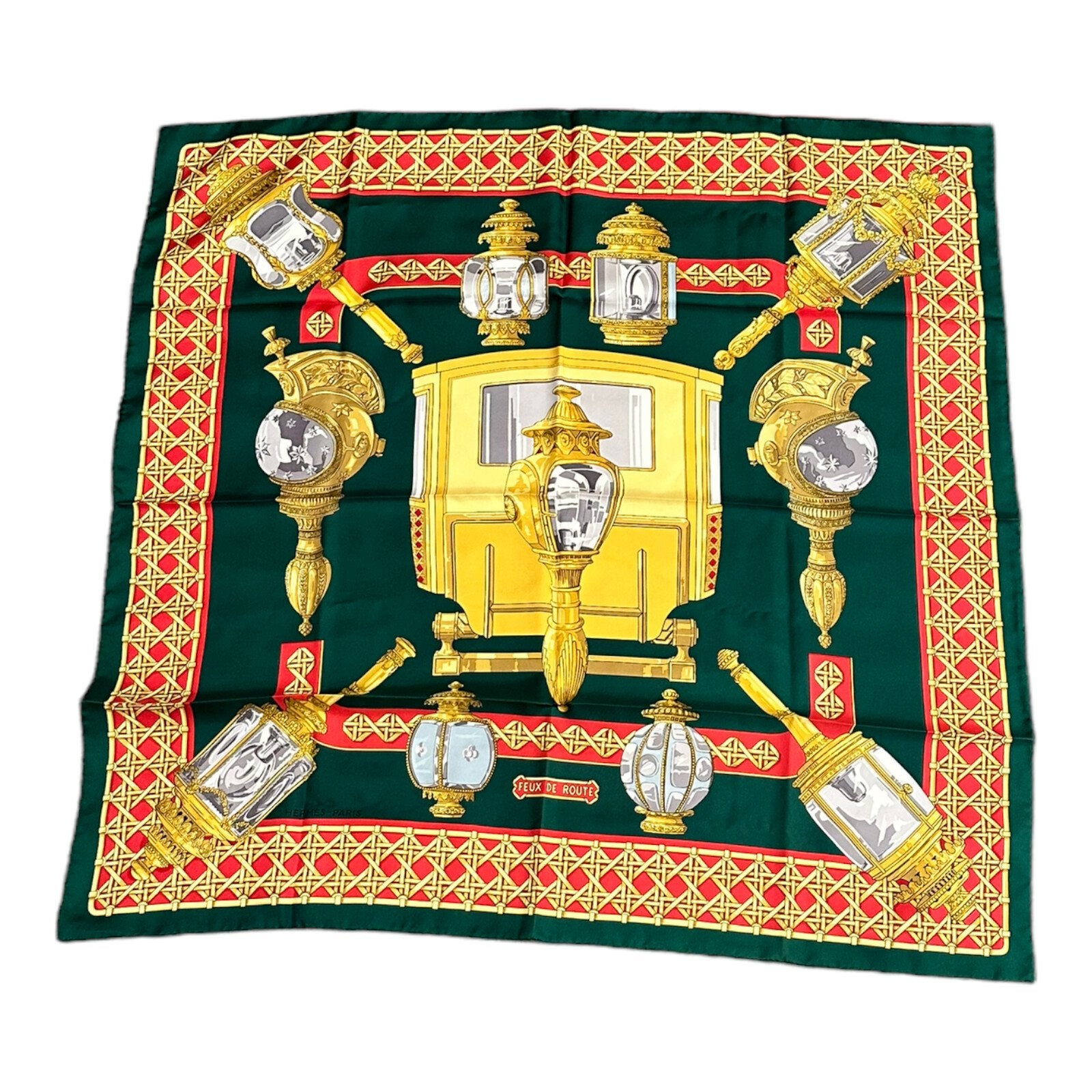Hermes Clothing, Shoes & Accessories:Women:Women's Accessories:Scarves & Wraps Authentic RARE! Hermes Feux De Route Vintage 90cm Green Red Silk Scarf
