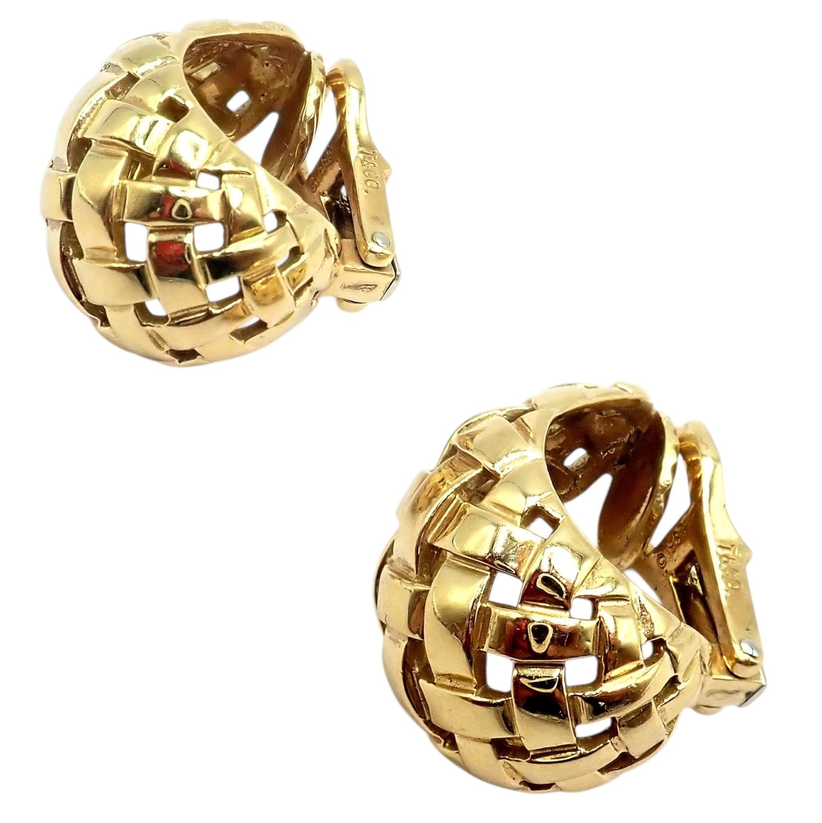 Authentic! Tiffany & Co 18k Yellow Gold Vannerie Basket Weave Earrings 1989 | Fortrove