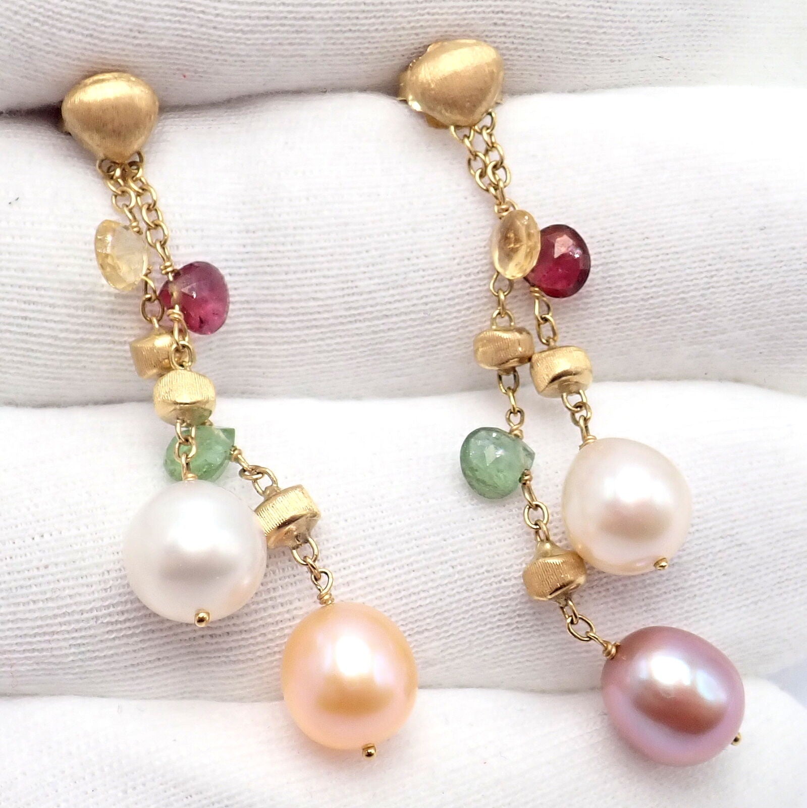 Authentic! Marco Bicego 18k Yellow Gold Paradise Multicolor Gems Pearl Earrings | Fortrove