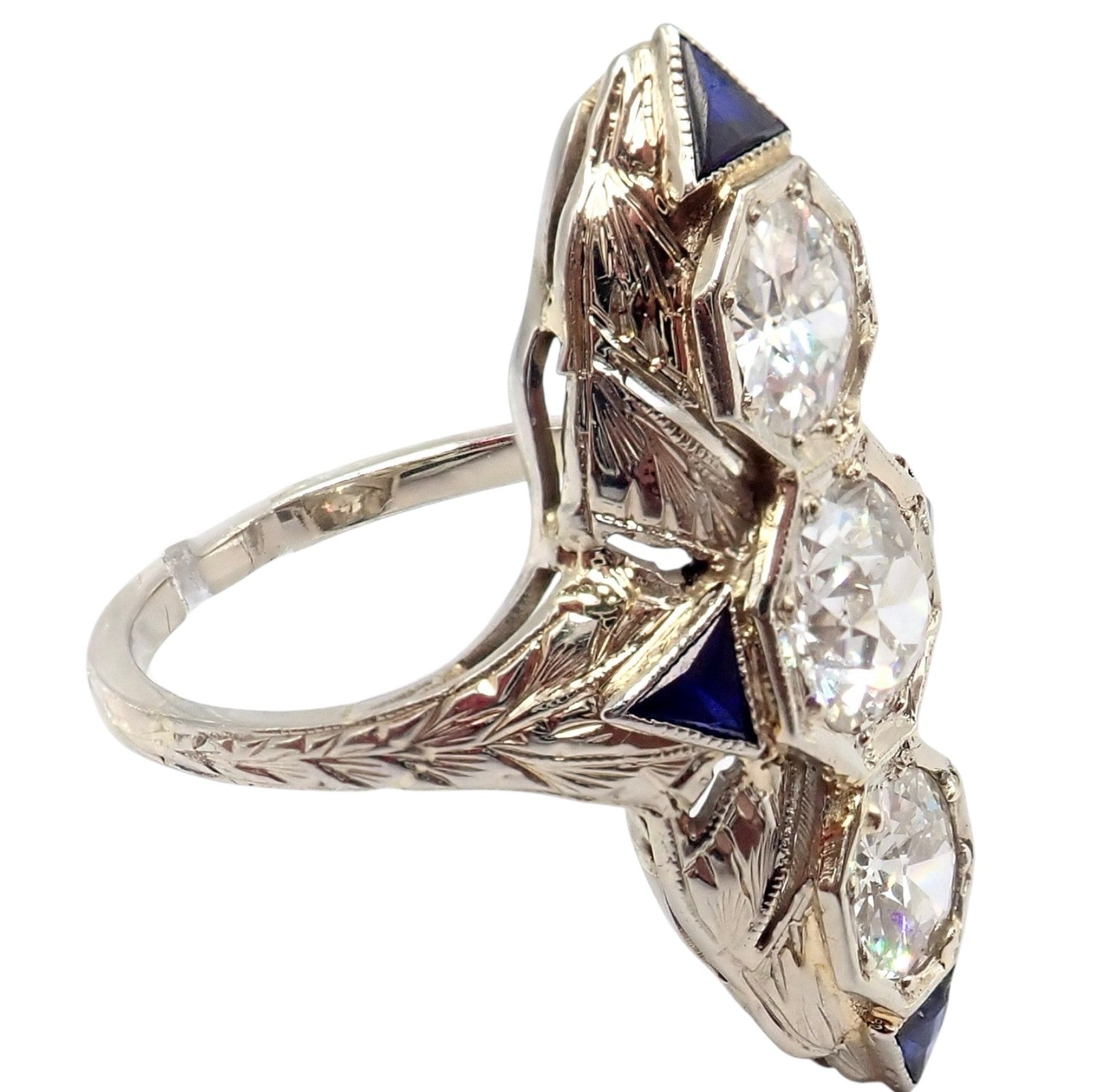 Vintage Estate 20k White Gold Diamond 2ctw Sapphire Art Deco Ring sz 7 | Fortrove