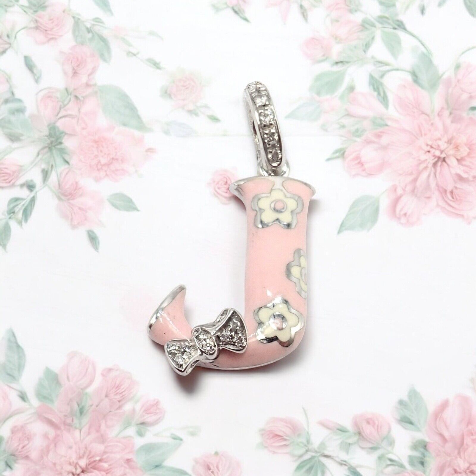 Aaron Basha 18k White Gold Diamond Pink Enamel Baby J Initial Charm Pendant | Fortrove