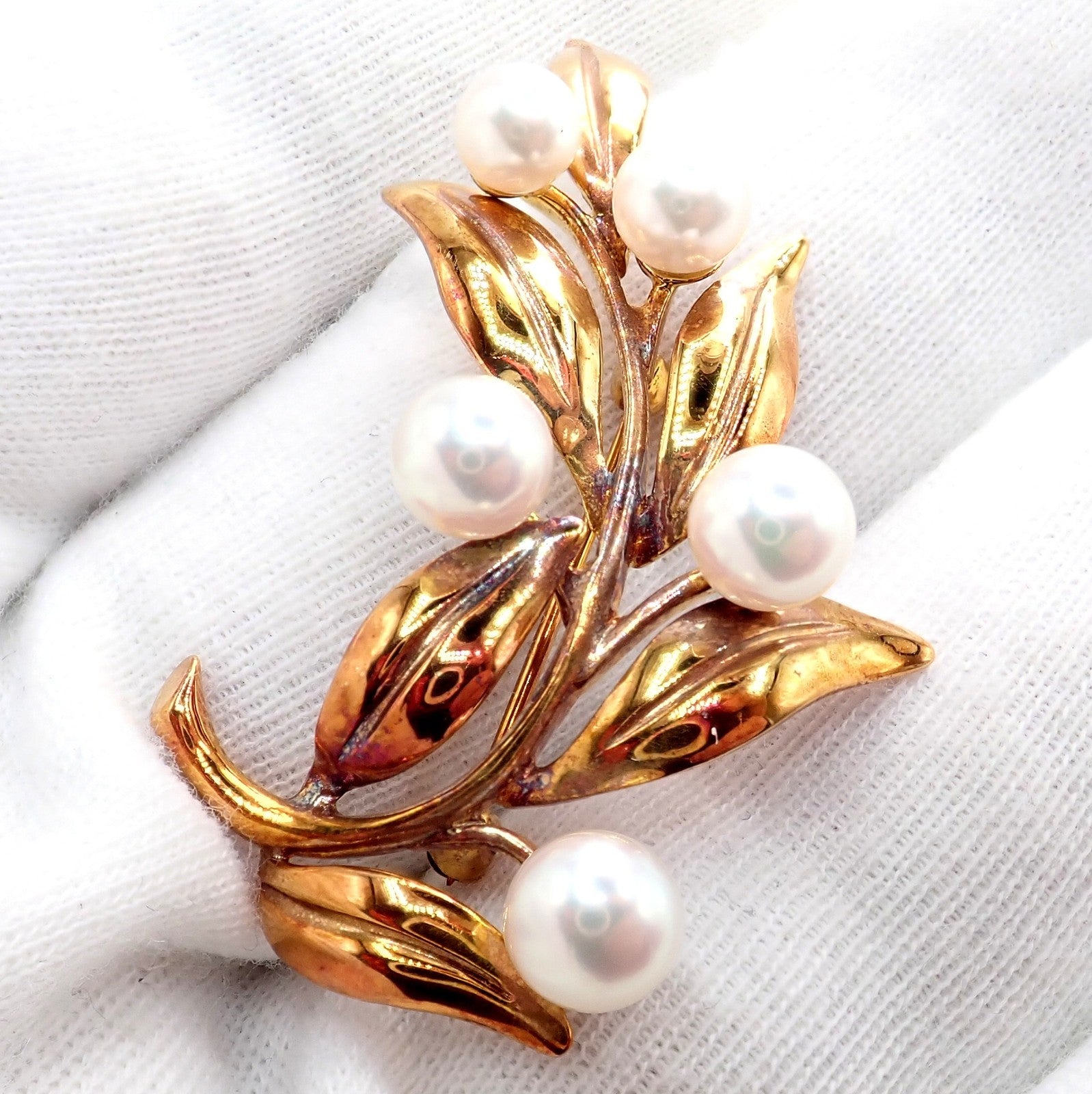 Vintage Tiffany & Co 18k Gold 5 Pearl Leaf Branch Pin Brooch 1987 | Fortrove