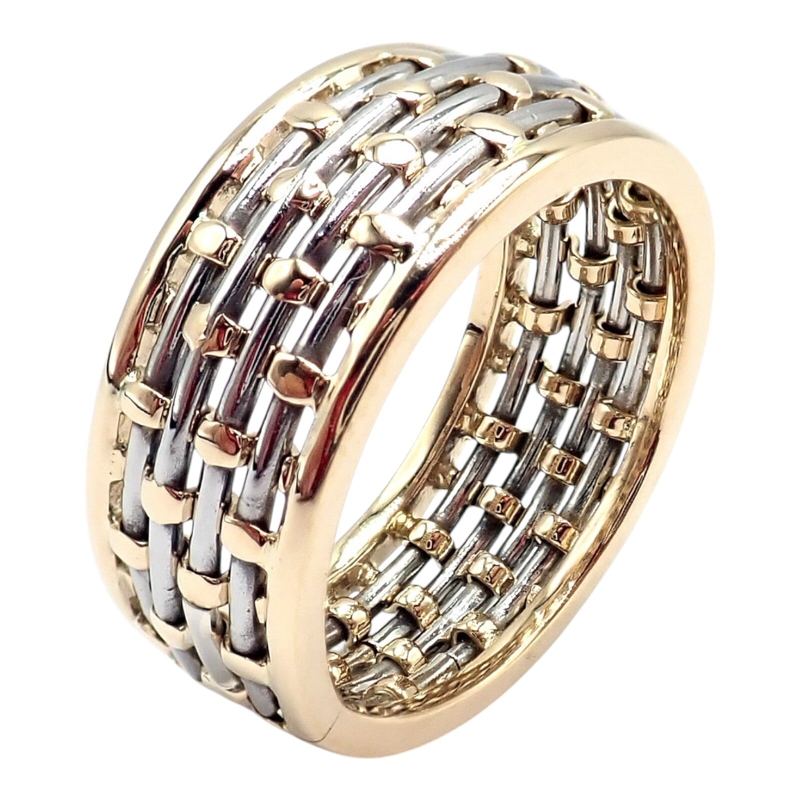 Authentic! Cartier 18k Yellow Gold + SS Basket Weave Ring + Earrings Set | Fortrove