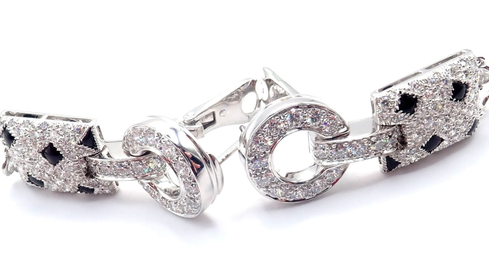 Authentic! Cartier Panthere Panther 18k White Gold Diamond Black Onyx Earrings | Fortrove