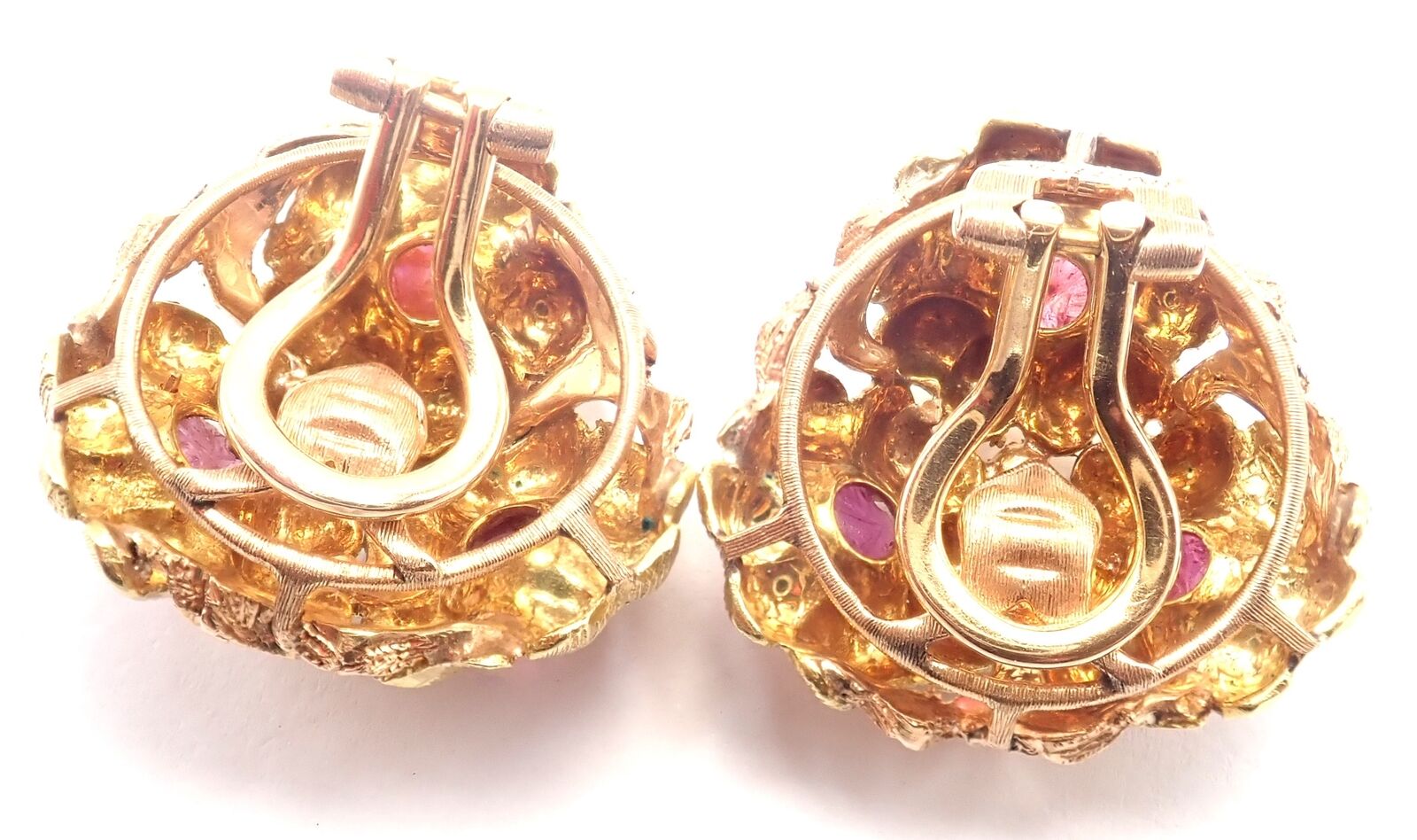 Authentic! Vintage Buccellati 18k Yellow Gold Carved Ruby Flower Earrings | Fortrove