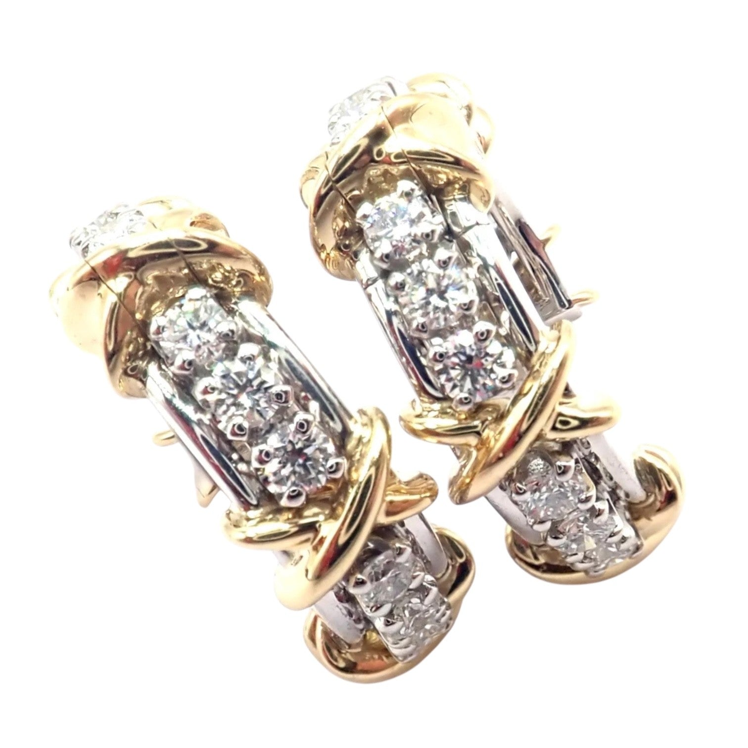 Tiffany & Co Schlumberger Sixteen Stone Plat Gold Diamond Narrow Hoop Earrings | Fortrove