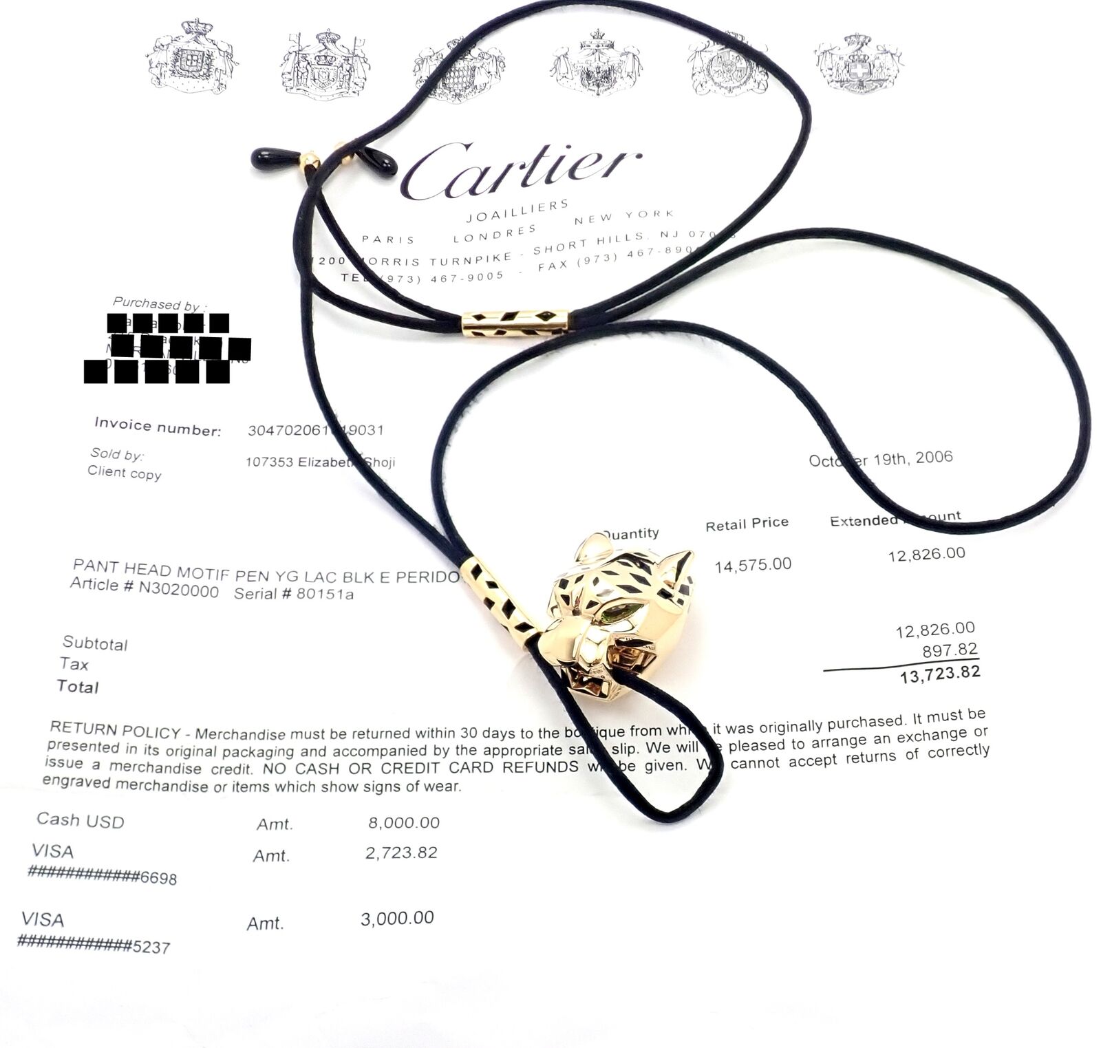 Authentic Cartier Panther Panthere 18k Yellow Gold Peridot Lacquer Cord Necklace | Fortrove