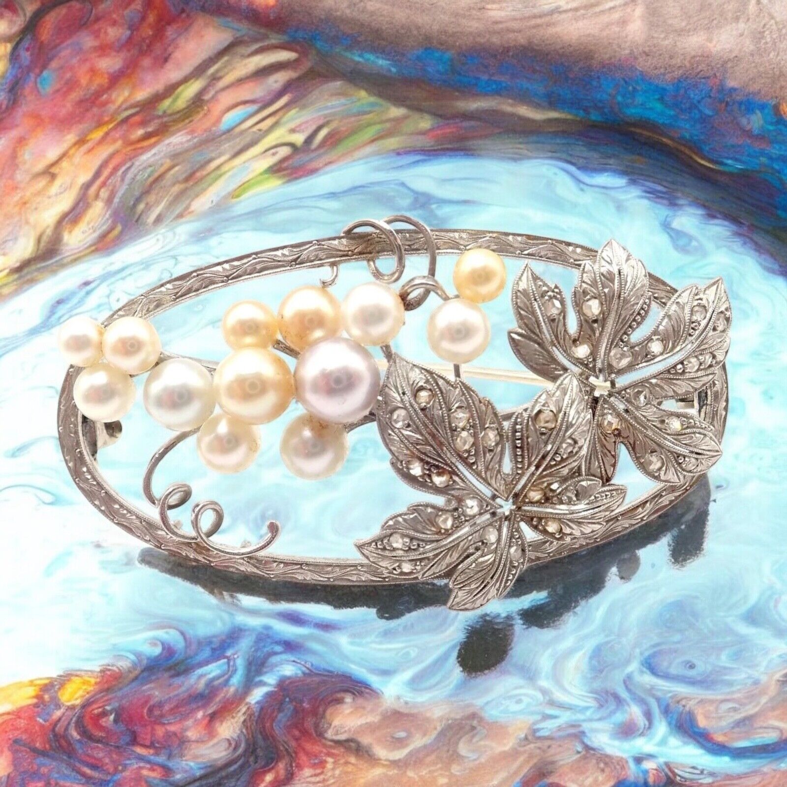 Vintage! Authentic Mikimoto 14k White Gold Diamond Pearl Brooch Pin | Fortrove