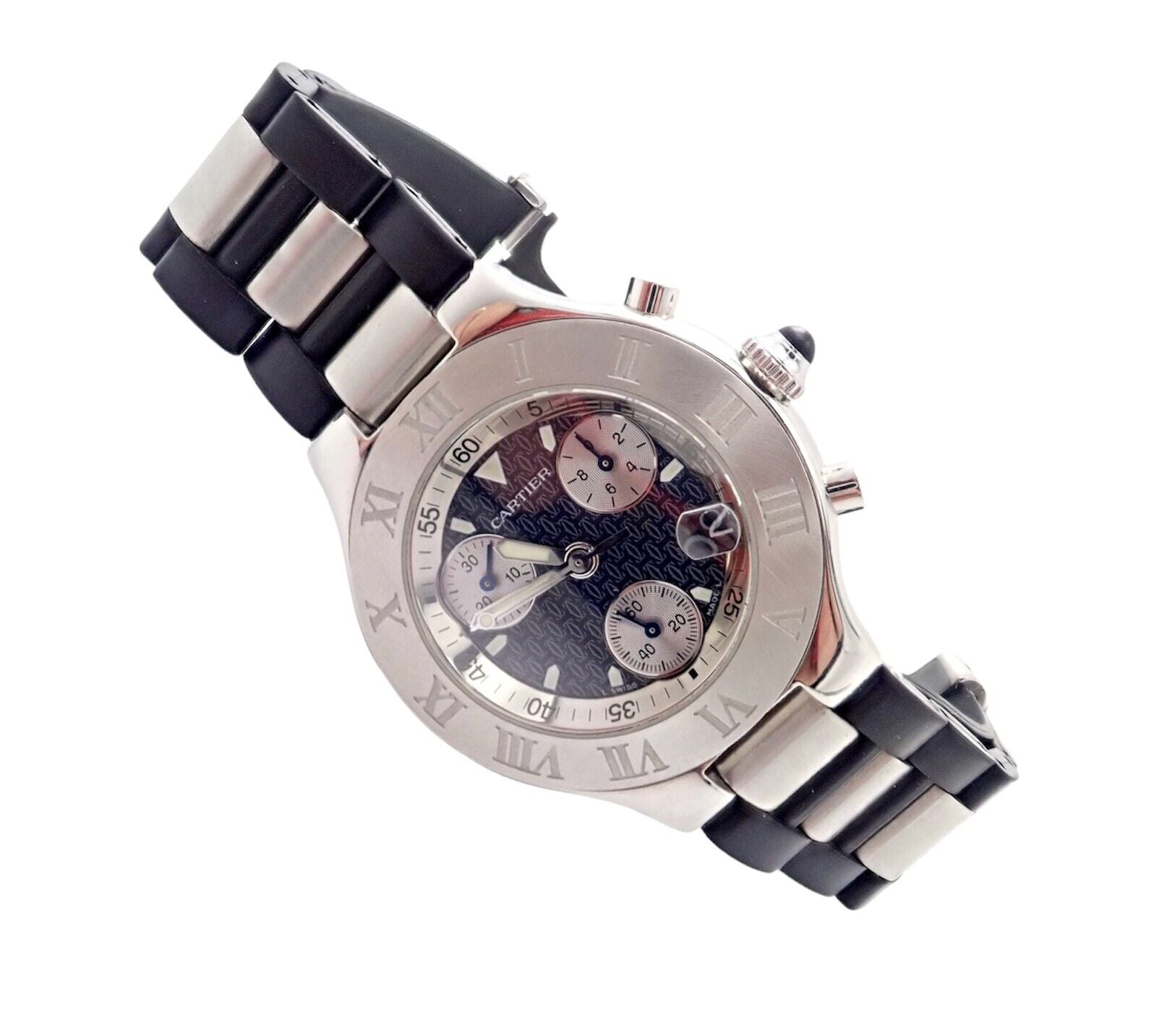 Authentic! Cartier Stainless Steel Chronograph 21 Quartz Rubber Band Watch | Fortrove