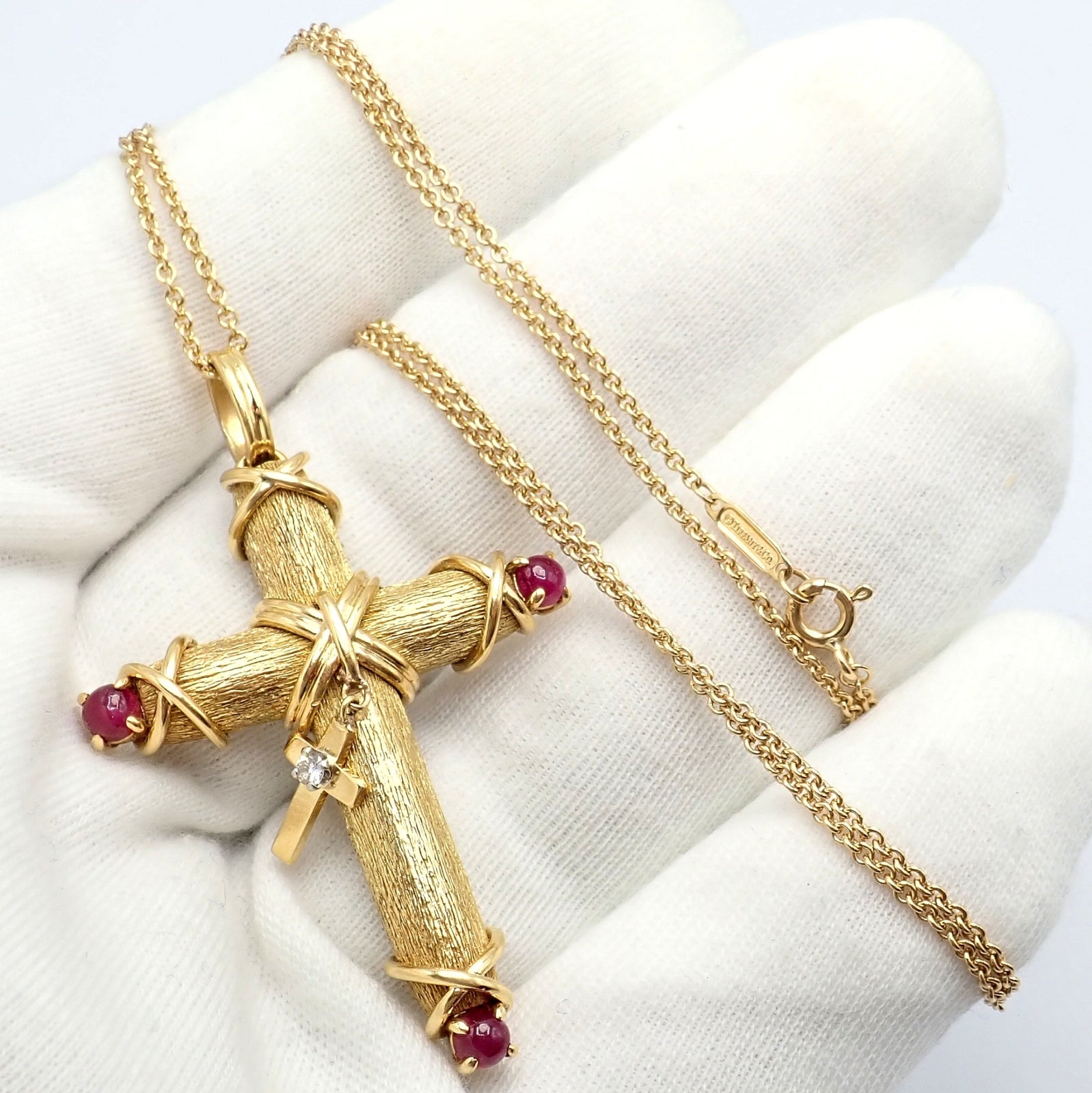 Tiffany & Co Schlumberger 18k Yellow Gold Ruby Diamond Cross 24" Chain Necklace | Fortrove