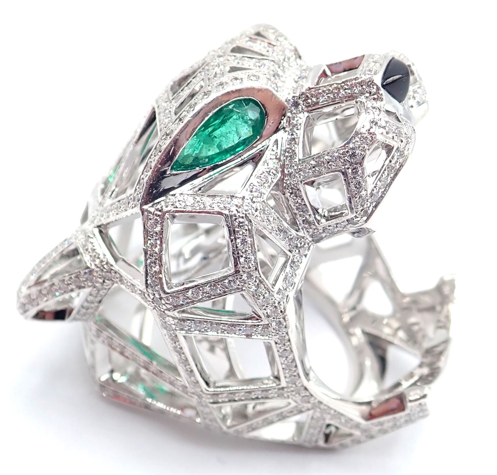 Cartier Panther Panthere 18k White Gold Emerald Diamond Paved Large Ring Size 54 | Fortrove